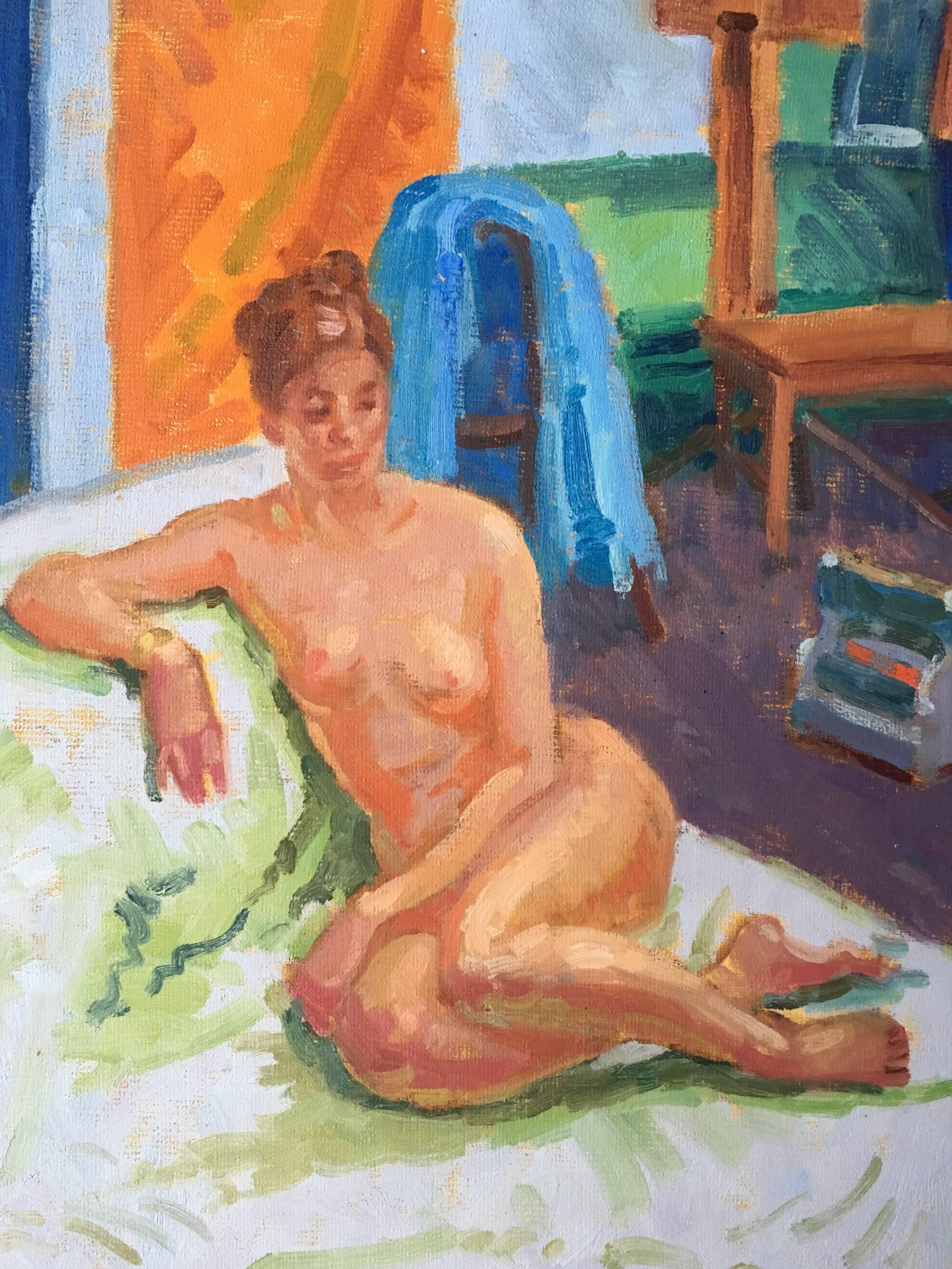 Modell der Künstlerin, nudefarbenes impressionistisches Ölgemälde  (Impressionismus), Painting, von J.B. Holmes