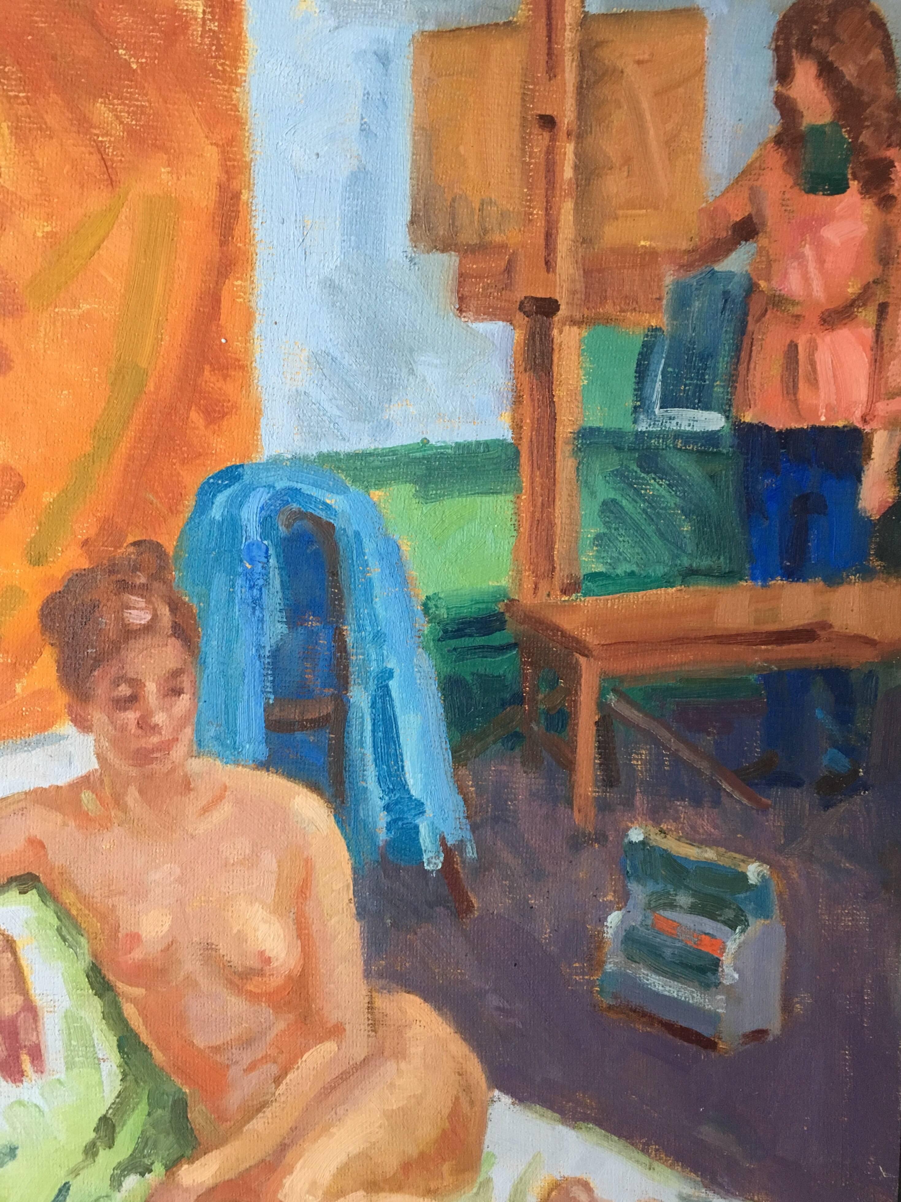 La modella artista, pittura a olio impressionista nuda - Nude Painting Marrone di J.B. Holmes