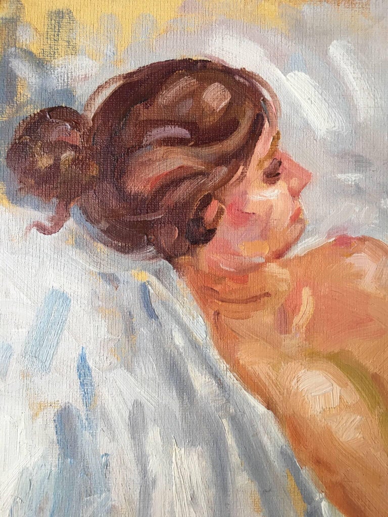 'Linda in Bed' 
Oil painting on board, unframed
Signed by the artist 'J.B.Holmes', titled and dated 'May 1982' verso.
Board size: 10x14 inches

Wonderful insight into a very personal nude painting of the artists friend. She is laying in a relaxed