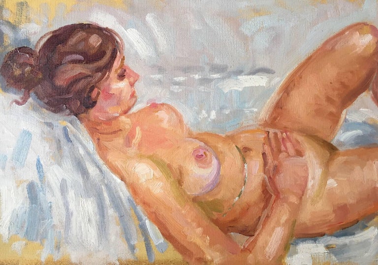 J.B. Holmes Portrait Painting - 'Linda in Bed' Nude Oil Painting, Impressionist British Artist