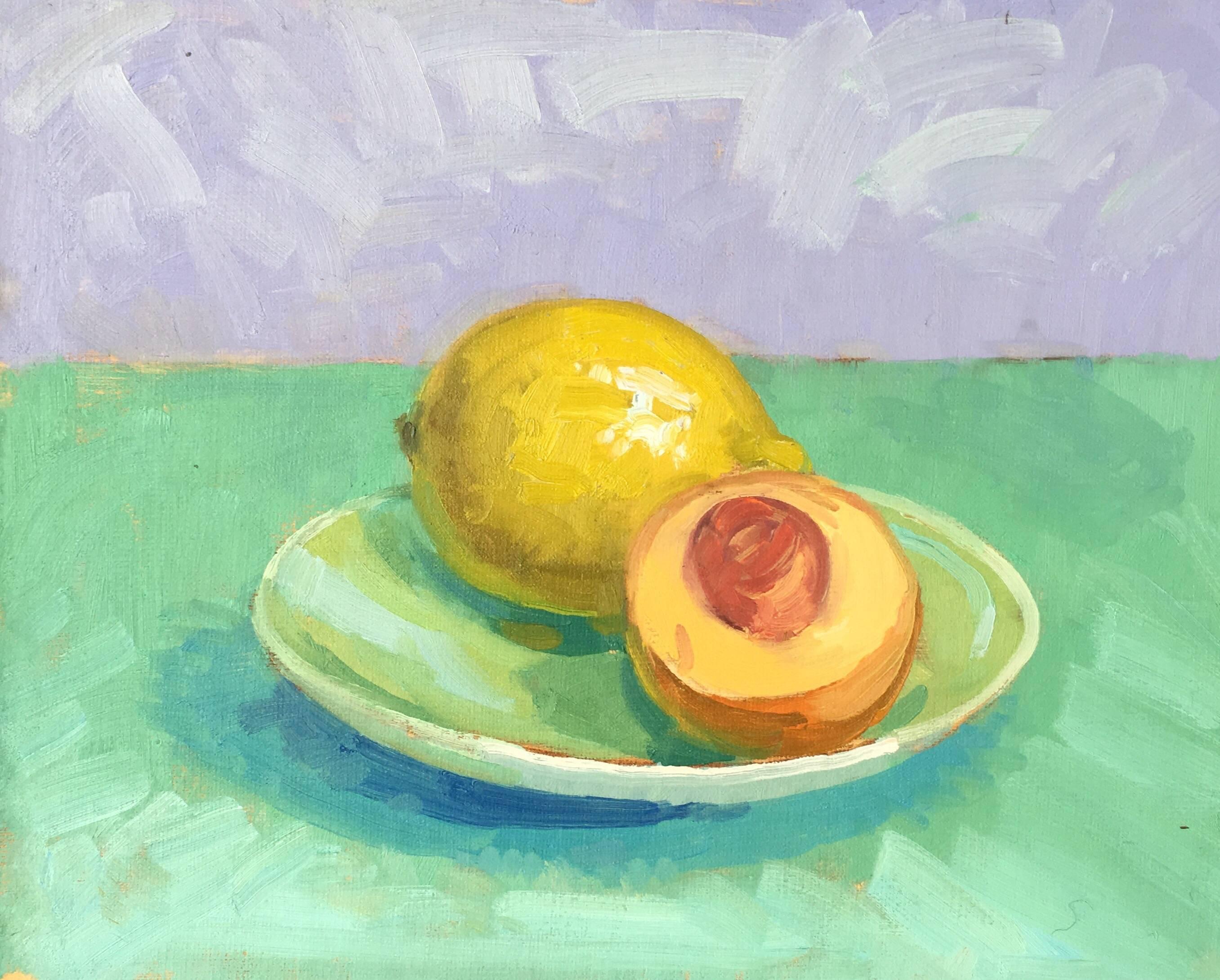 Stillleben Zitronen- und Pfirsichfarben, Obst, Ölgemälde