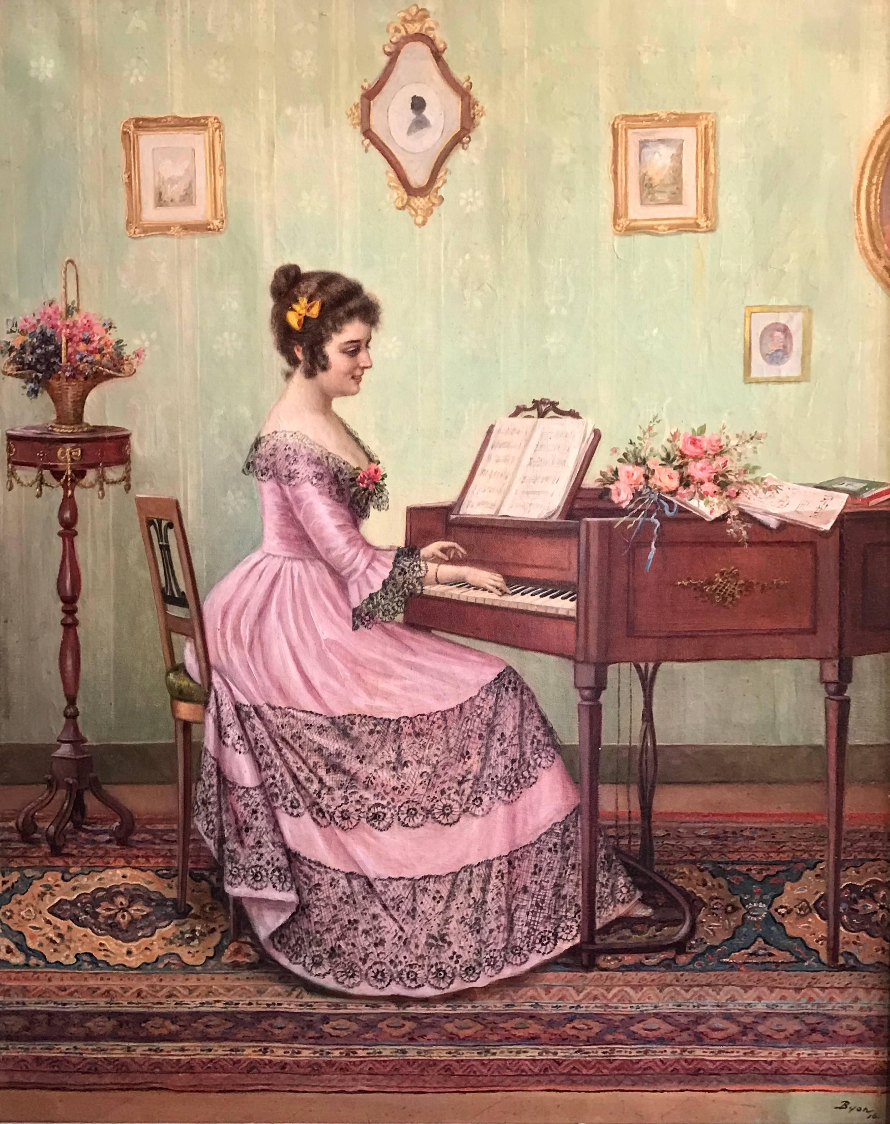 French Belle Epoque Figurative Painting - Elegant Lady in Parlour Playing Piano, French signed & dated 1916, Fine oi