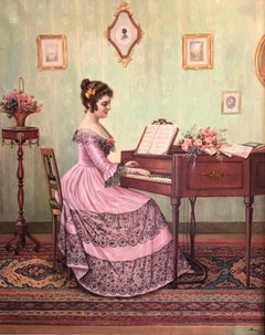 Elegant Lady in Parlour Playing Piano, French signed & dated 1916, Fine oi