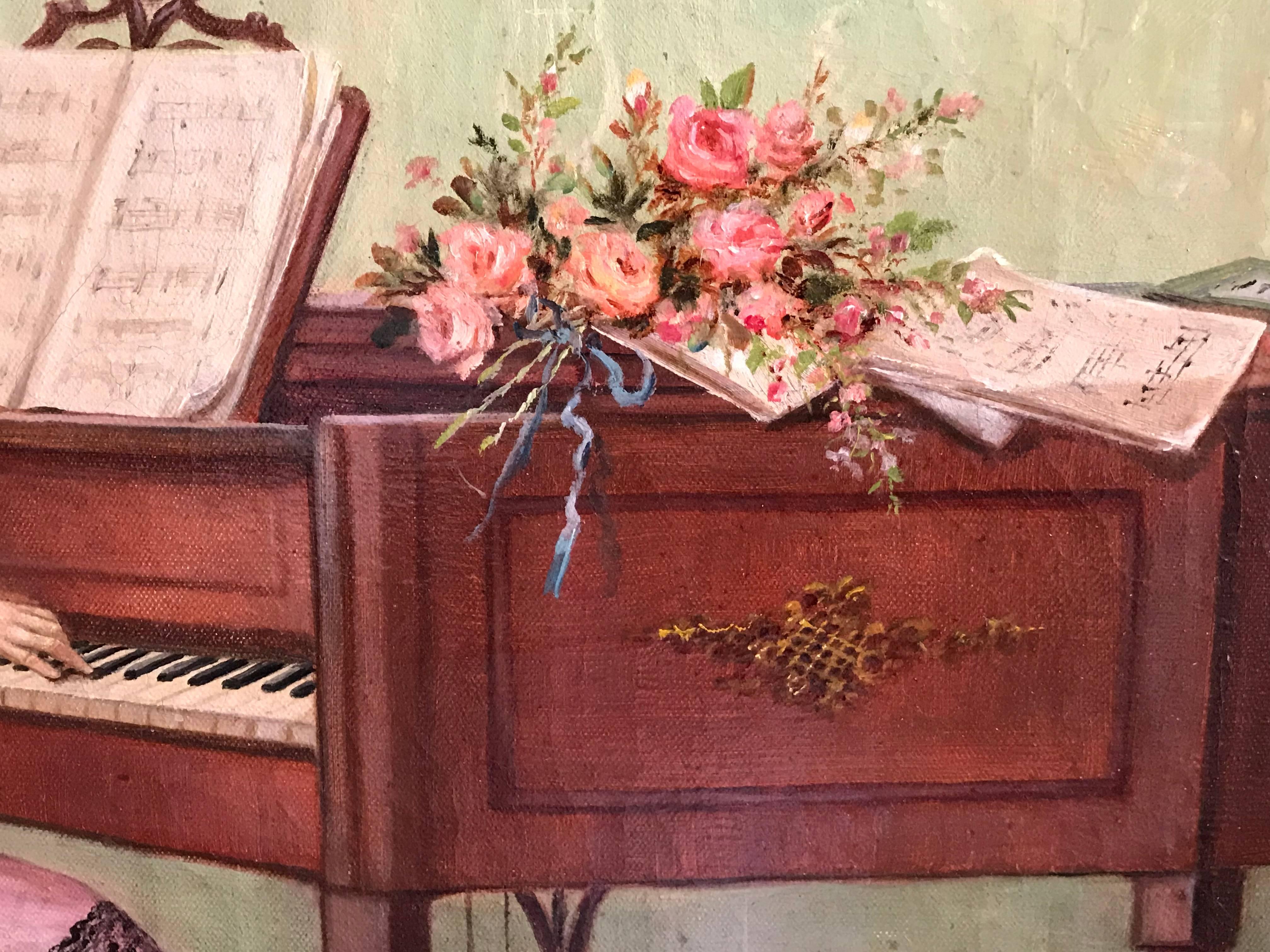 Elegant Lady in Parlour Playing Piano, French signed & dated 1916, Fine oi - Beige Figurative Painting by French Belle Epoque