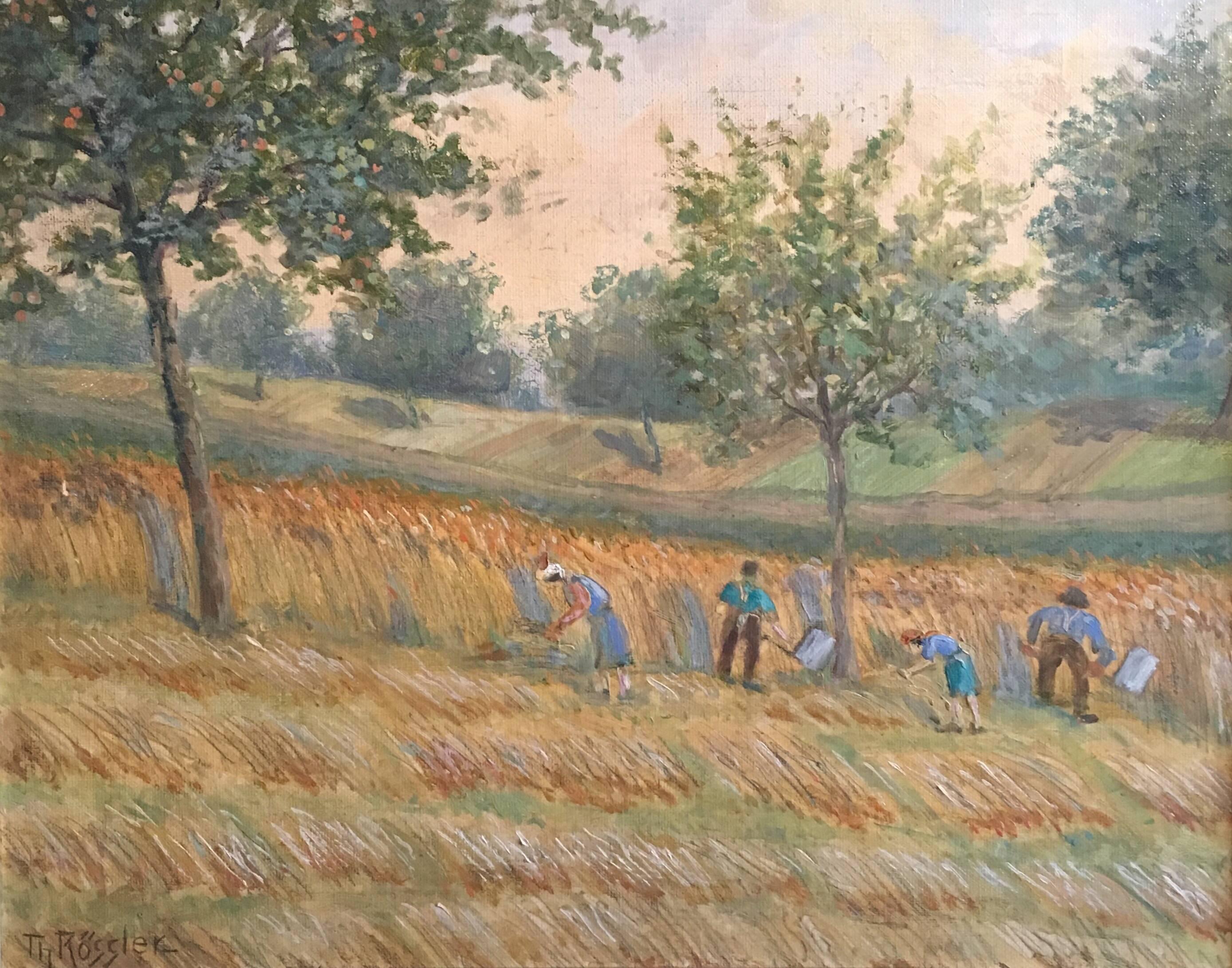 Theo Rossler Landscape Painting - 1930's German Post-Impressionist Oil, Farmers Harvesting