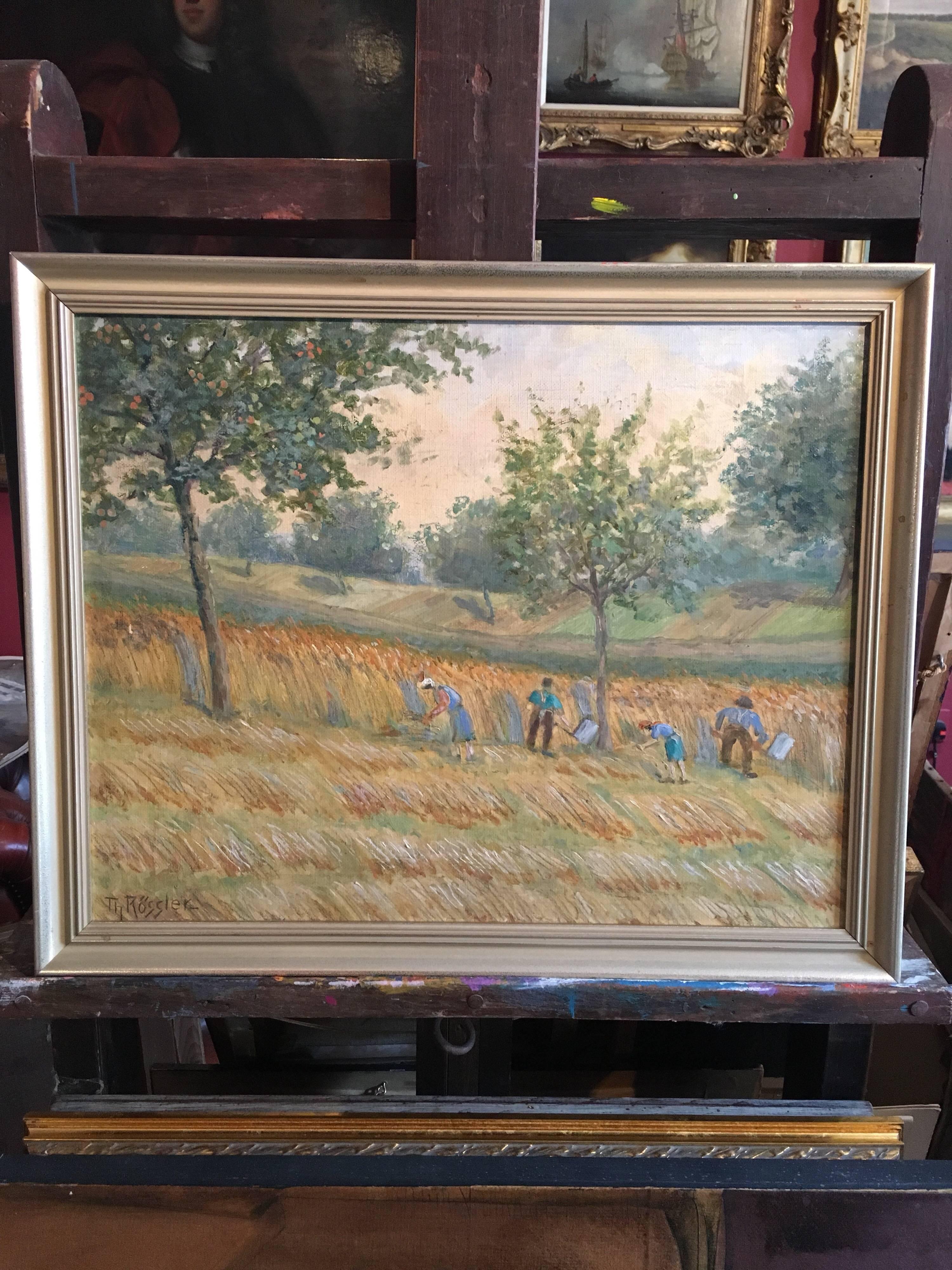 1930's German Post-Impressionist Oil, Farmers Harvesting - Painting by Theo Rossler