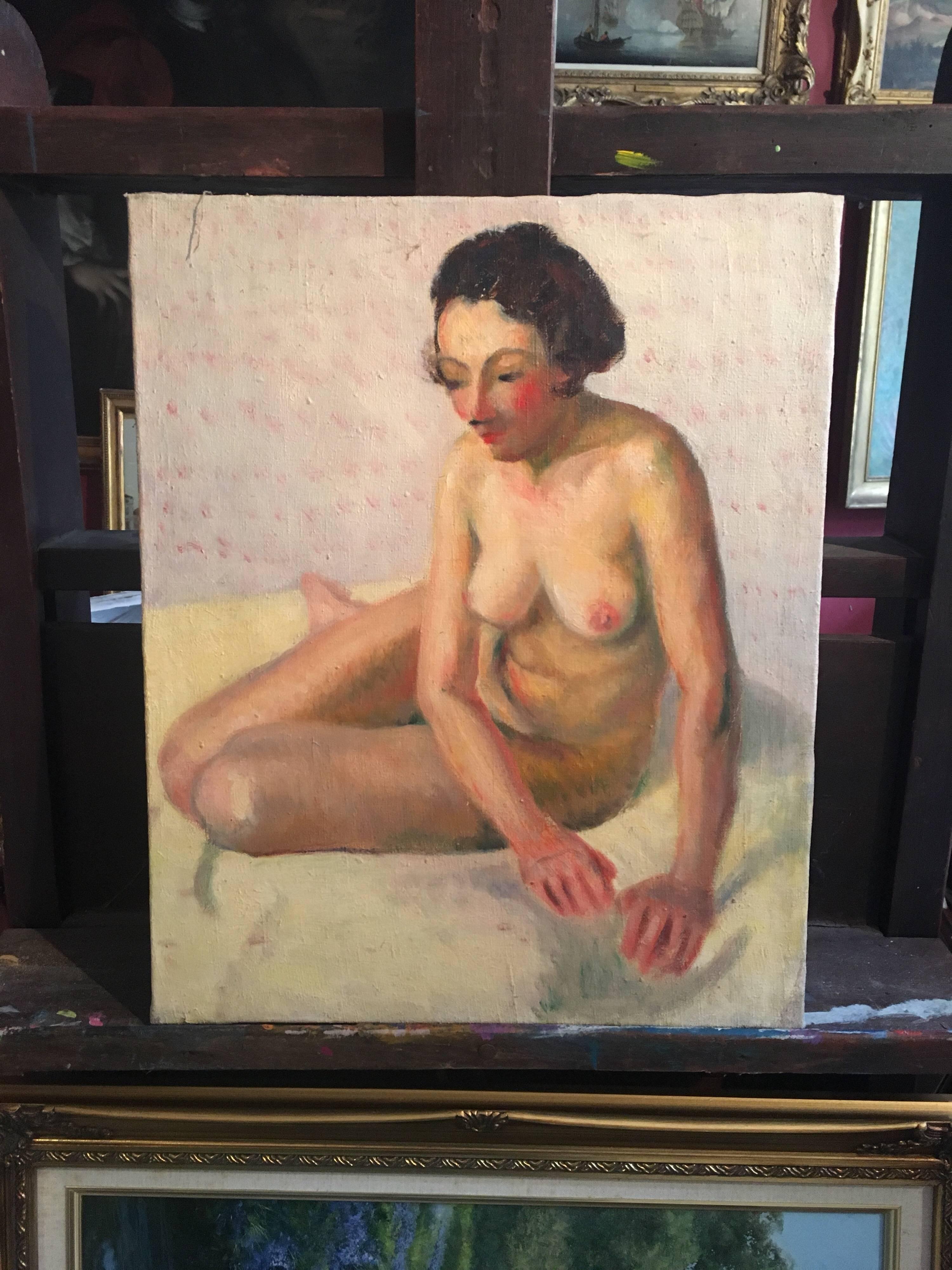 Superb Nude French Impressionist 1930’s Oil Painting, The Artists Model - Brown Nude Painting by Unknown