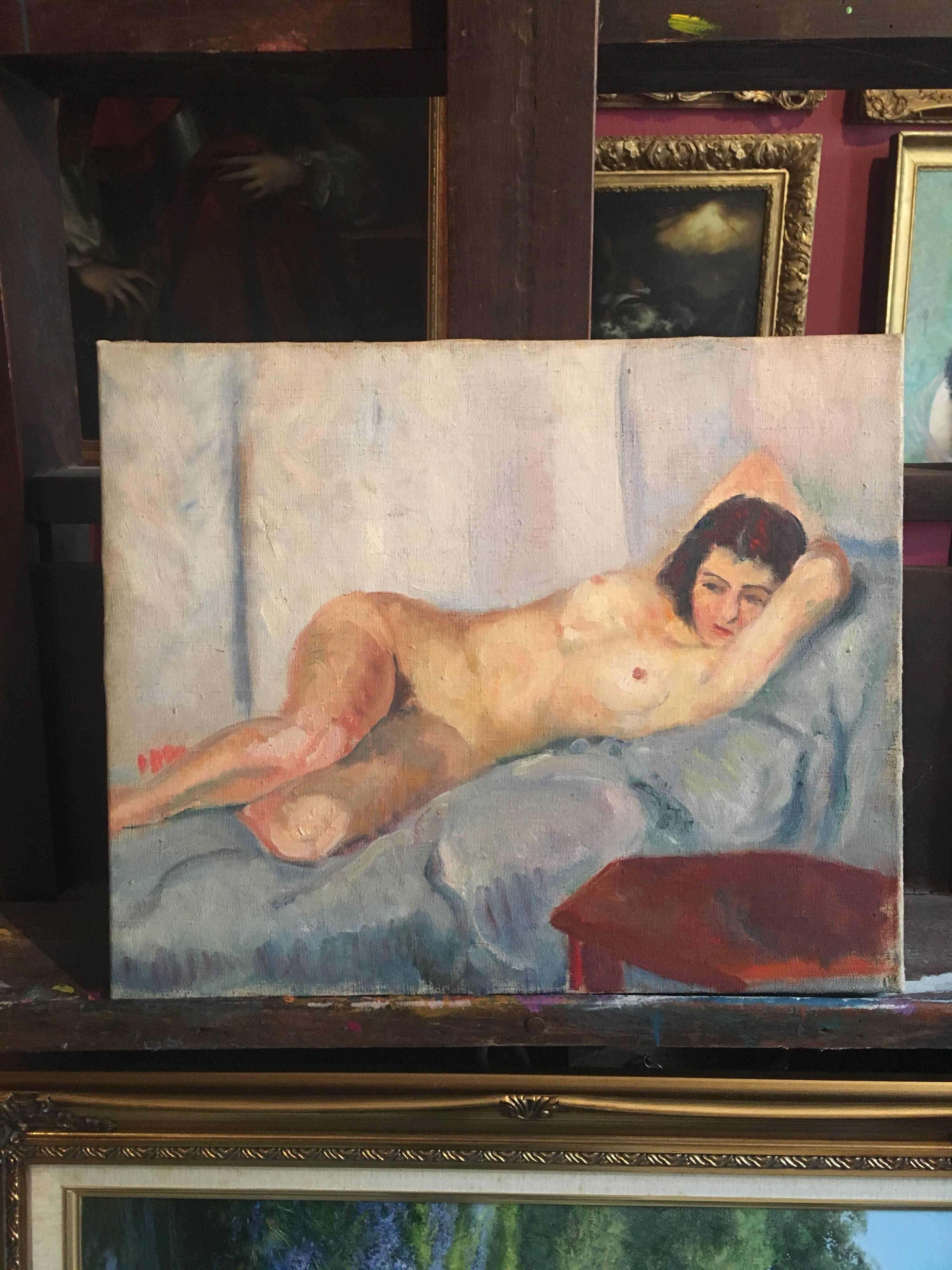Lovely Nude French Impressionist 1930’s Oil Painting  - Brown Portrait Painting by Unknown