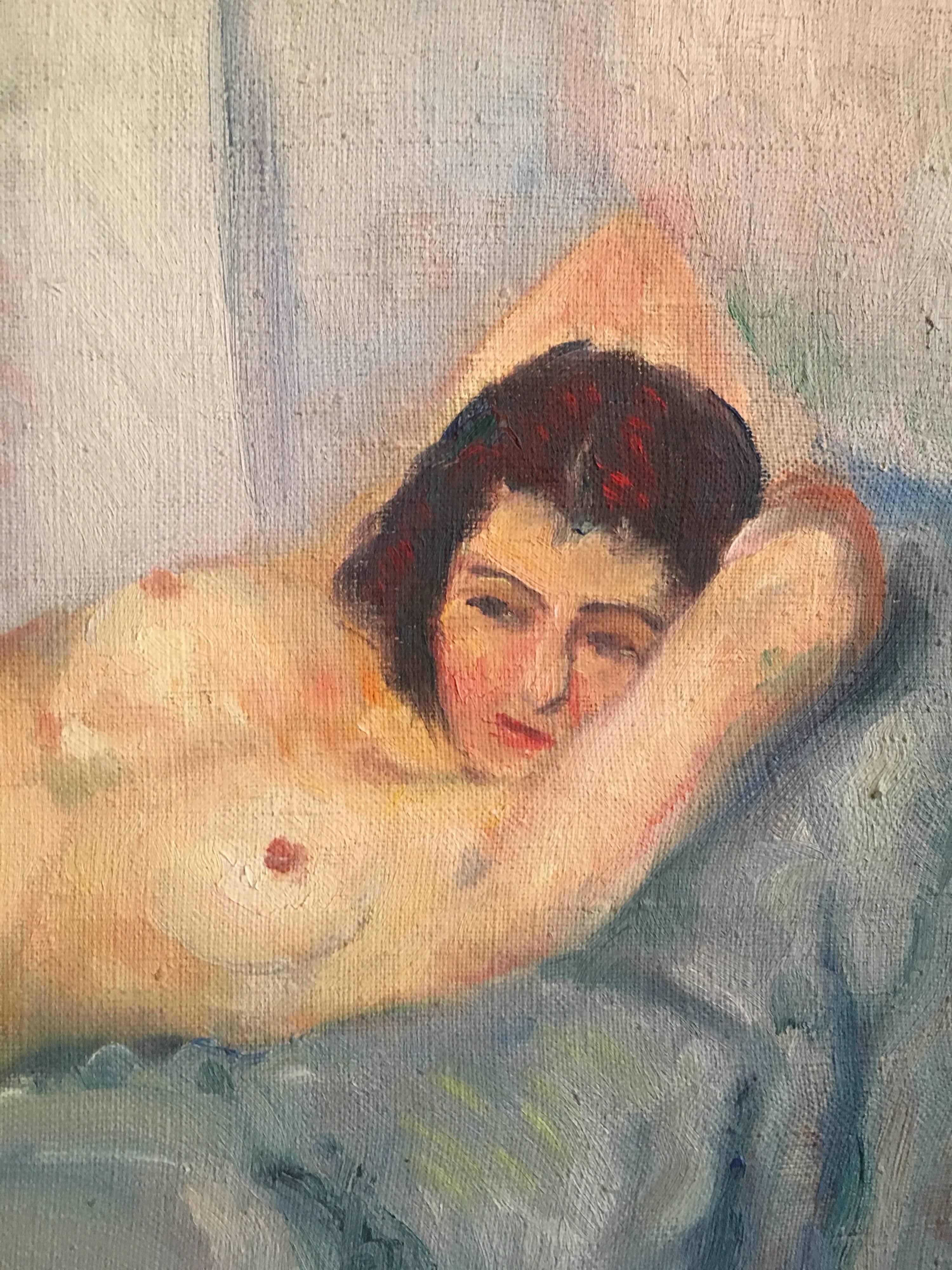 The Reclining Nude
French School, Early 20th Century
Oil painting on canvas, unframed
Canvas size: 13 x 15.5 inches

Lovely 1930's period French Impressionist oil painting - superb mix of post-impressionism combined with a Fauvist palette also.