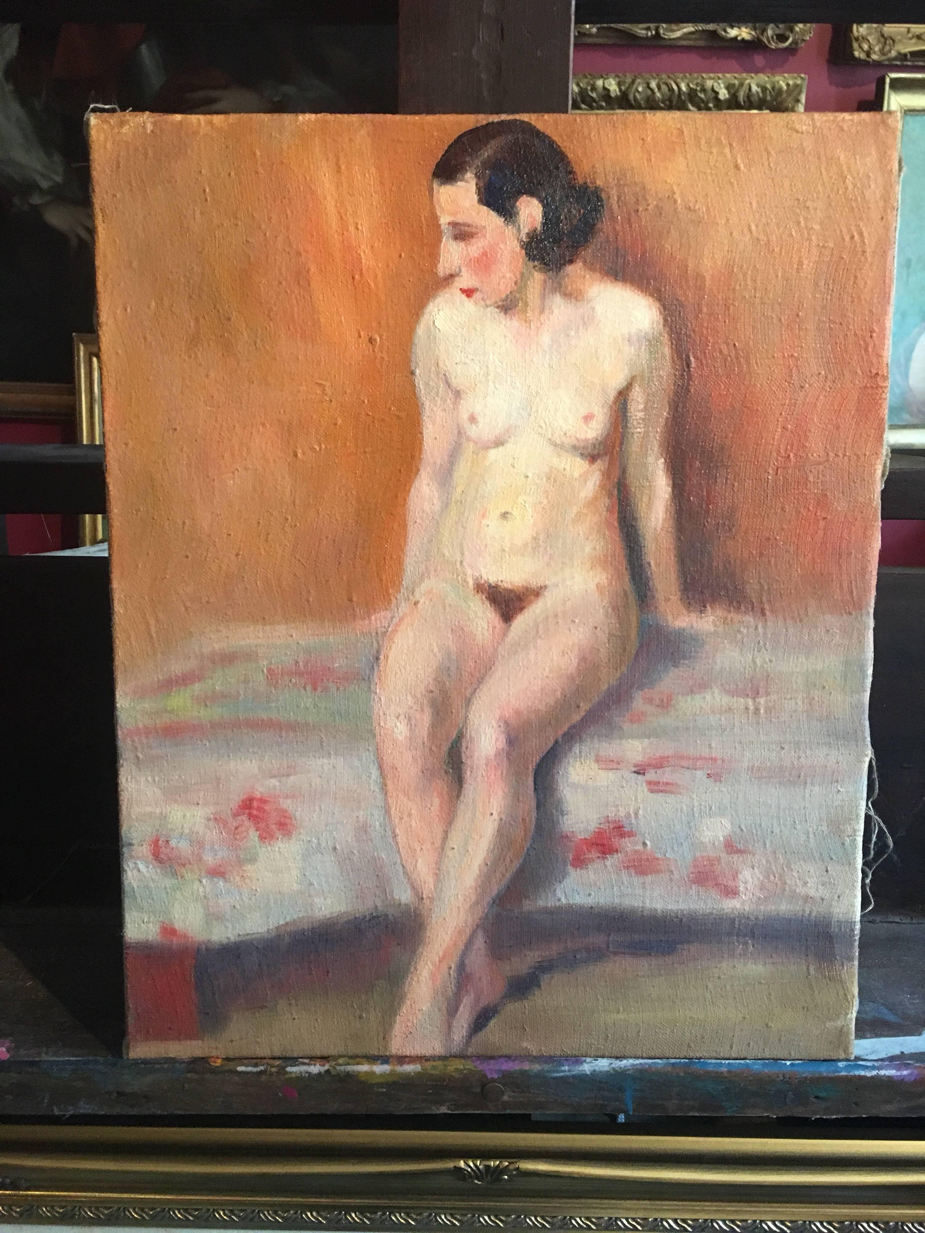 The Seated Nude, French Impressionist 1930’s Oil Painting  - Brown Nude Painting by Unknown