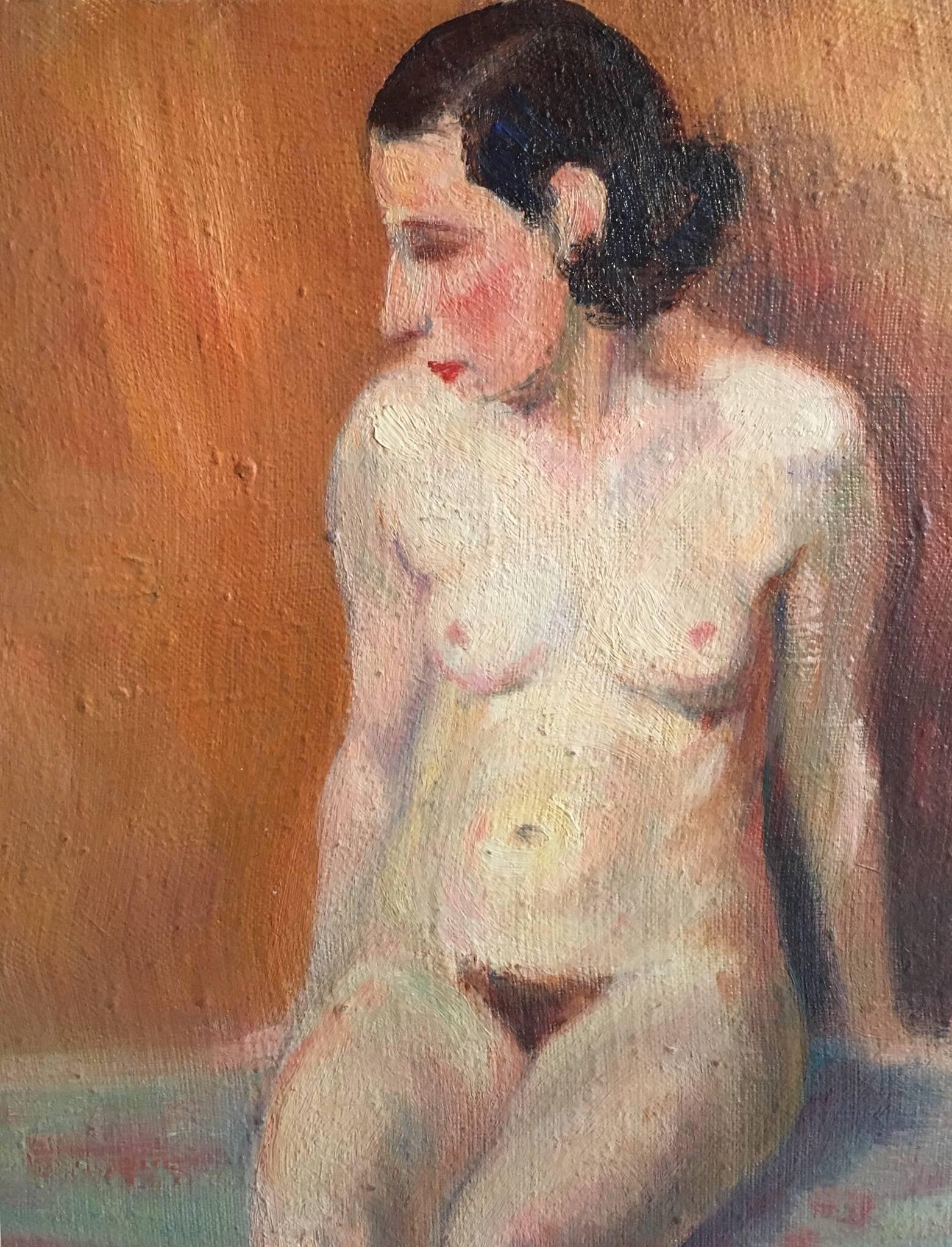 The Seated Nude
French School, Early 20th Century
Oil painting on canvas, unframed
Canvas size: 15.75 x 13 inches

This captivating nude shows the artists model sat up, head turned to the side to show off her fashionable hairstyle. The backdrop