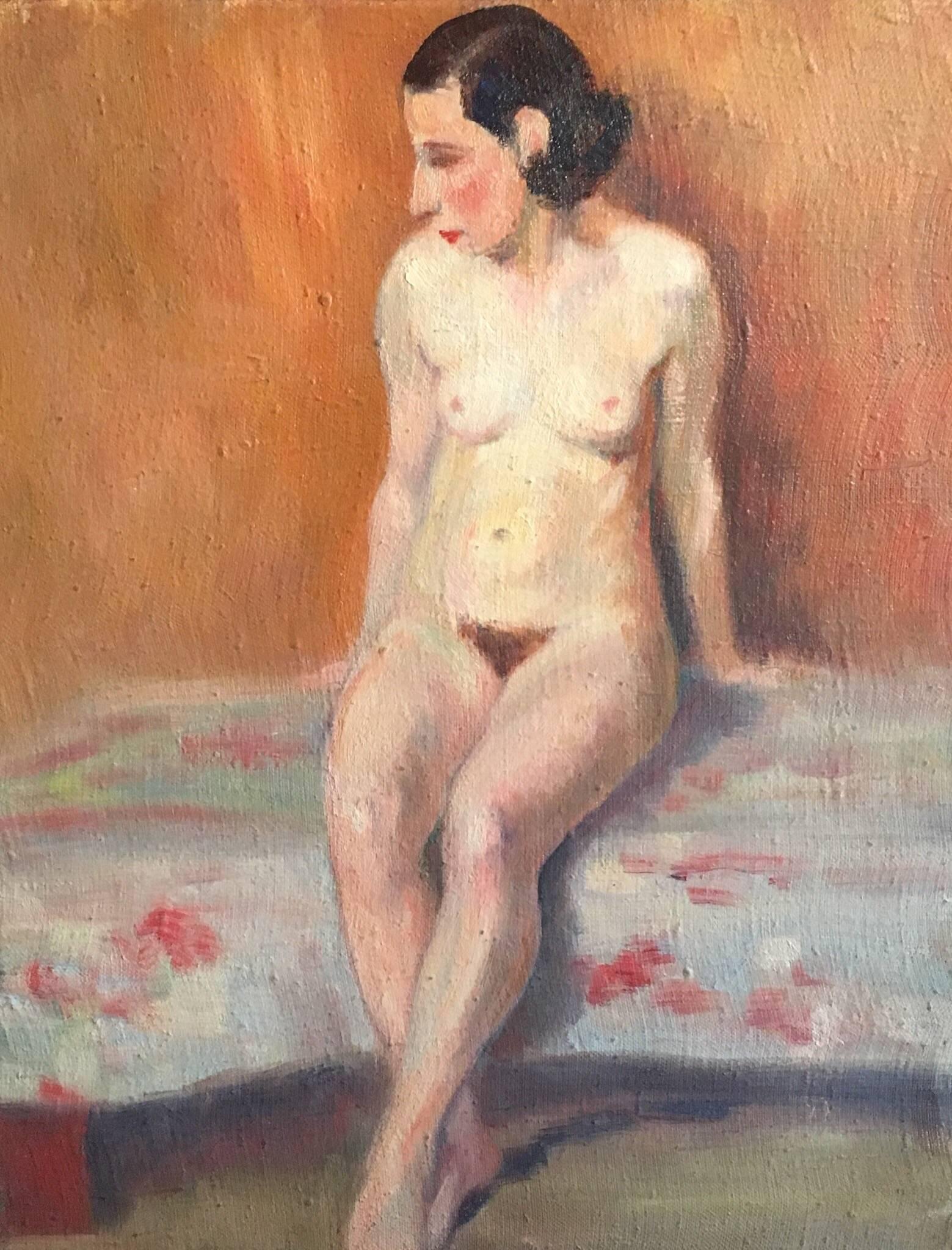Unknown Nude Painting - The Seated Nude, French Impressionist 1930’s Oil Painting 