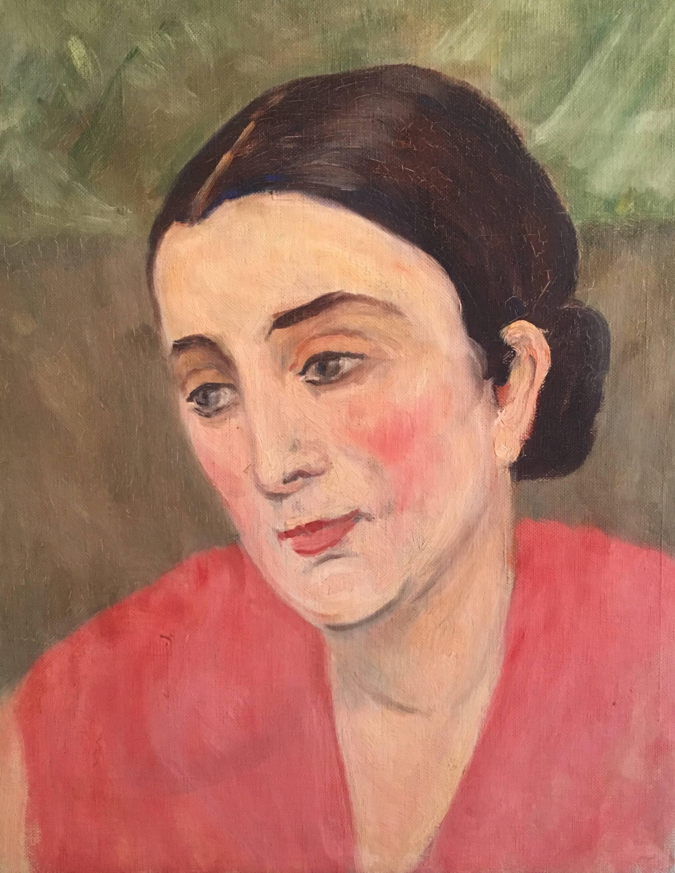 Unknown Interior Painting - Lady in Coral Pink, French Impressionist 1930’s Oil Painting 