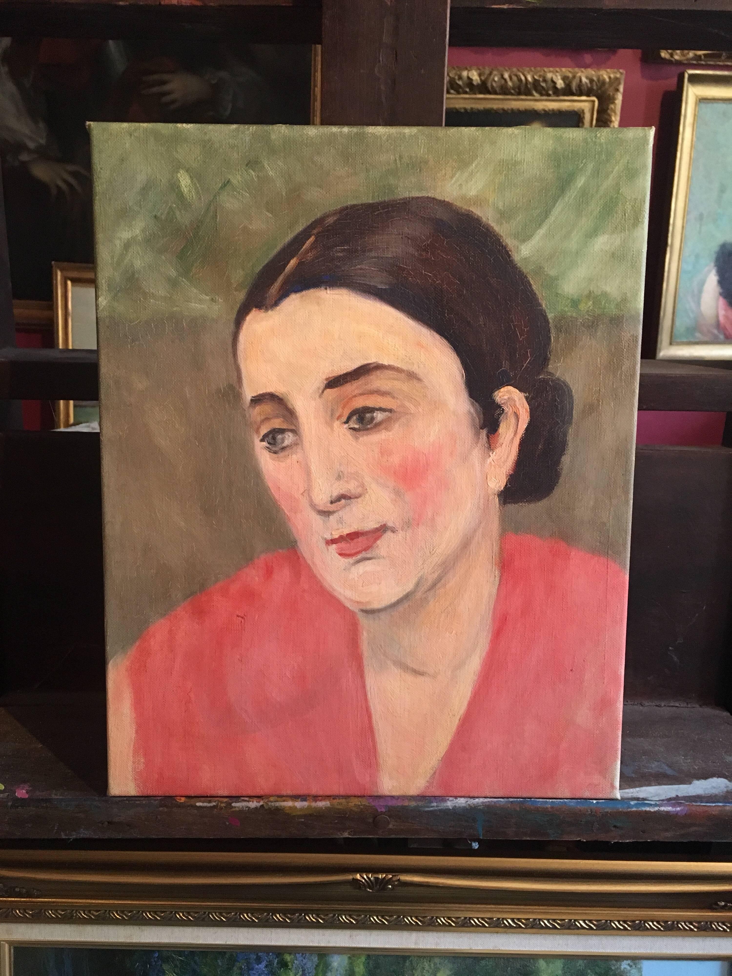 Lady in Coral Pink, French Impressionist 1930’s Oil Painting 
French School, Early 20th Century
Oil painting on canvas, unframed
Canvas size: 15.5 x 12.5 inches

A glorious portrait of a lady, set in a beautiful tone of bottle green, with a pop of