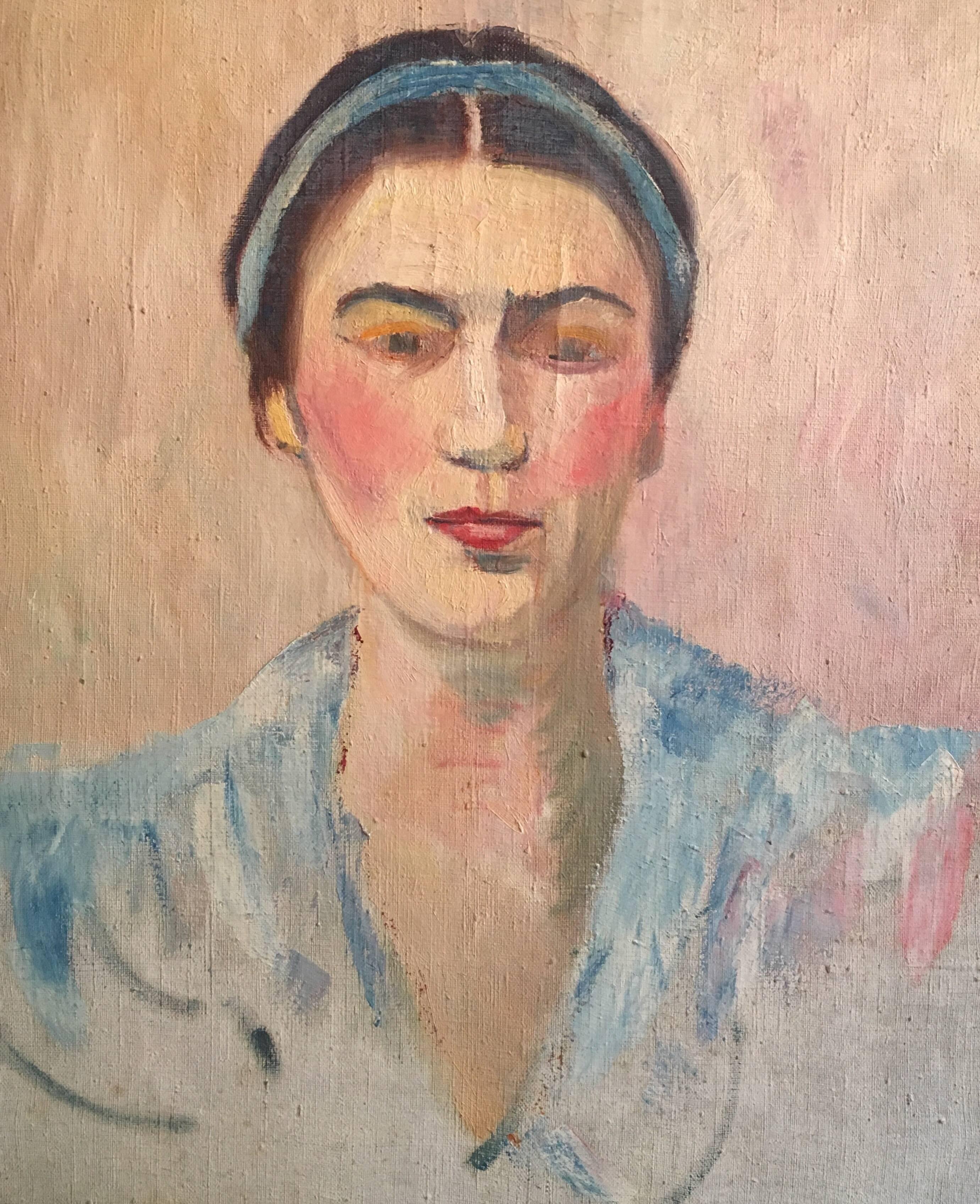 Unknown Portrait Painting - Lady with Blue Headband, French Impressionist 1930’s Oil Painting 