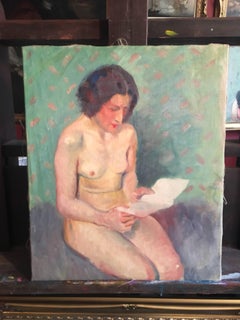 Model Reading a Book, French Impressionist 1930’s Nude Oil Painting