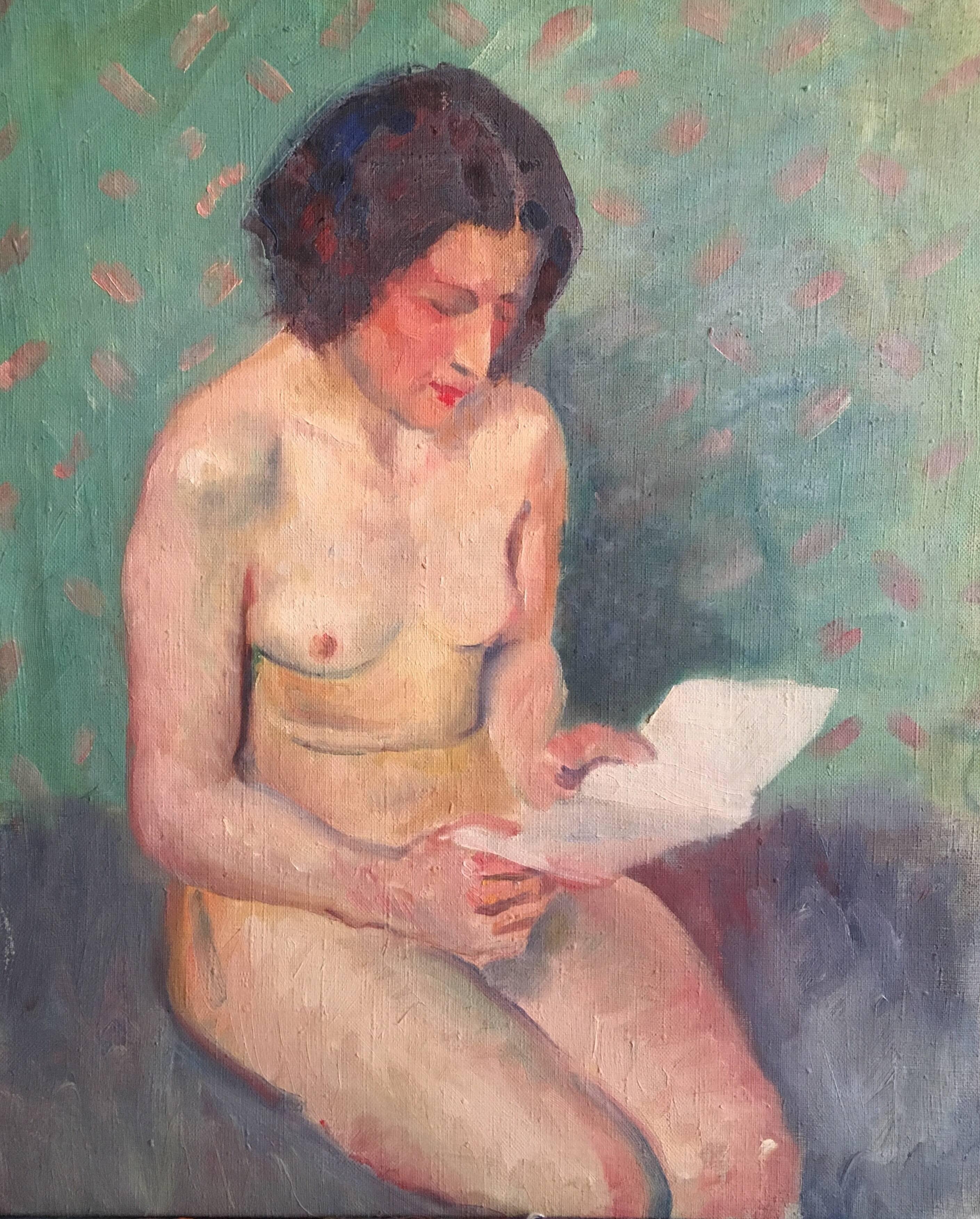 Model Reading a Book, French Impressionist 1930’s Nude Oil Painting 