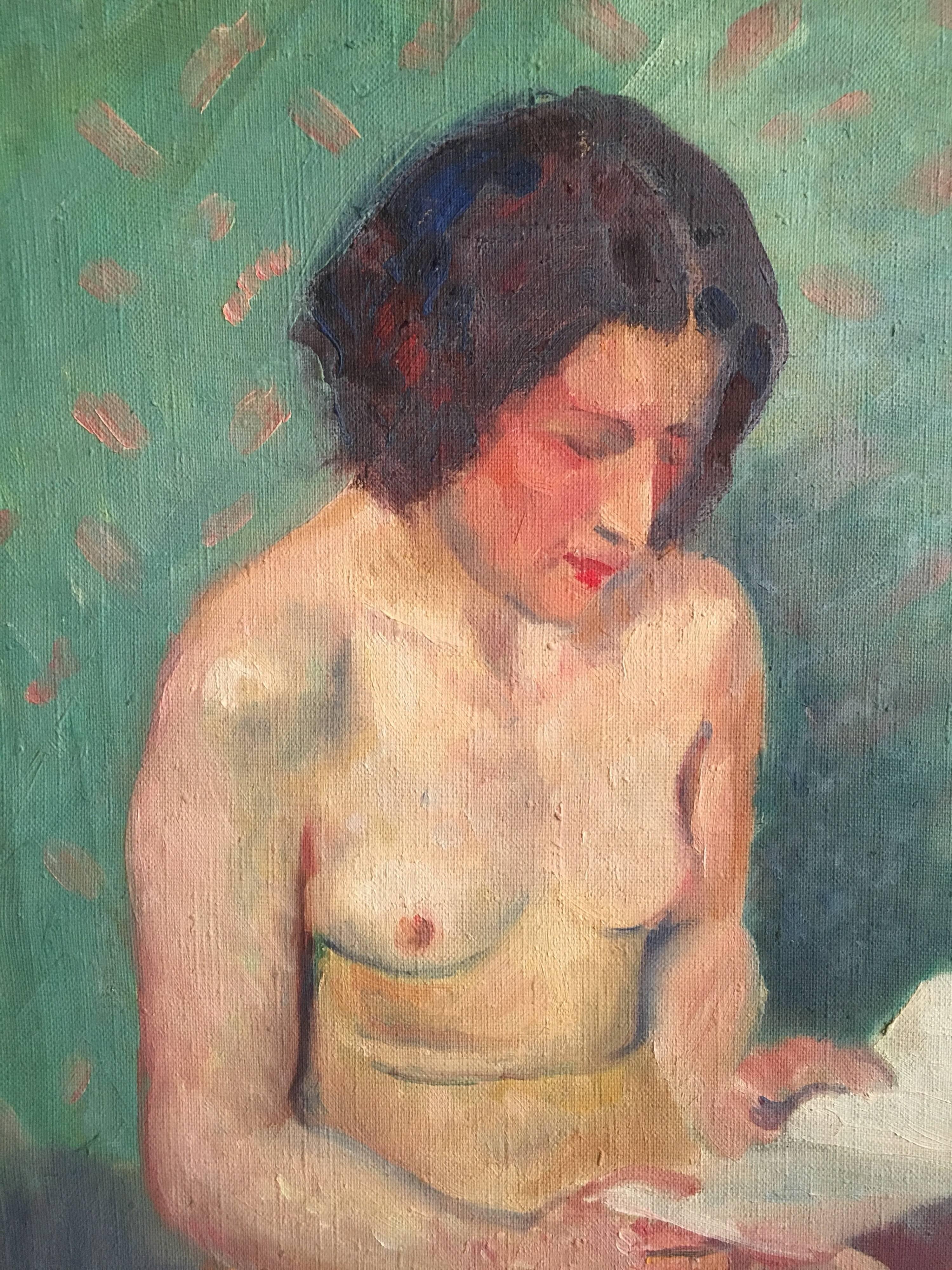 Modell, das ein Buch liest, französischer Impressionist, 1930er Jahre, Akt, Ölgemälde  (Fauvismus), Painting, von Unknown