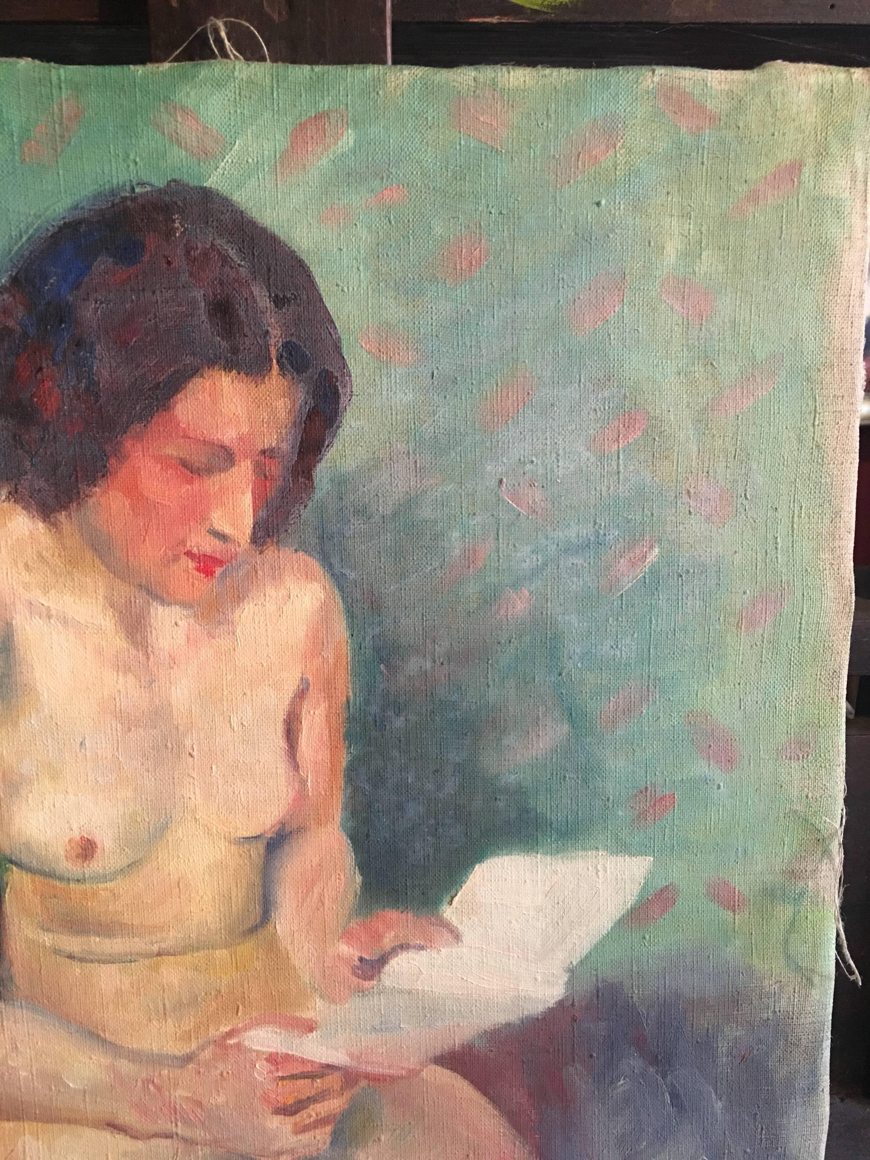 Modell, das ein Buch liest, französischer Impressionist, 1930er Jahre, Akt, Ölgemälde  (Grau), Portrait Painting, von Unknown