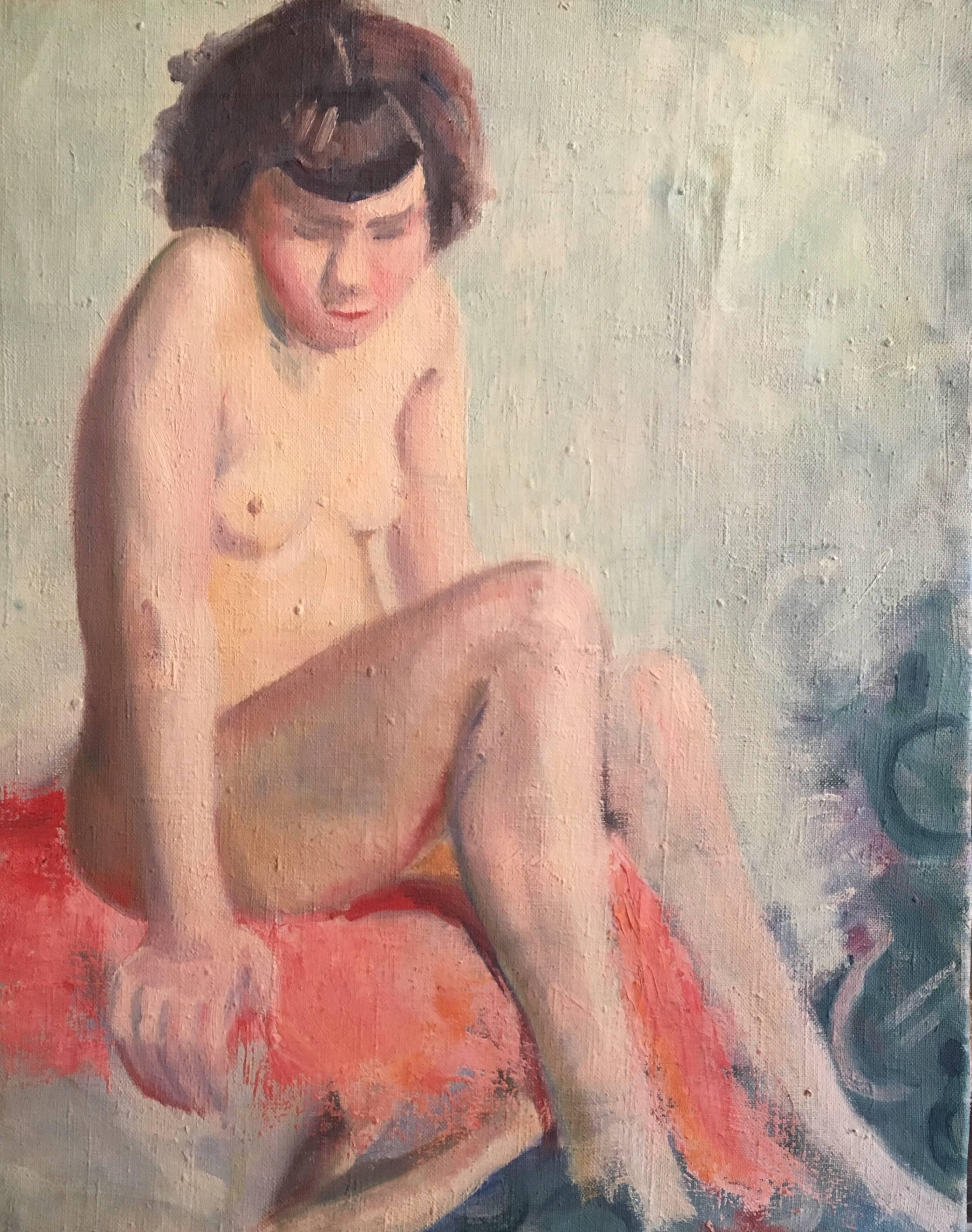 Unknown Portrait Painting - Girl Sat on PinkOstrich Feathers, French Impressionist 1930’s Nude Oil Painting 