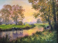 Cattle Grazing du Sussex, peinture à l'huile anglaise signée 