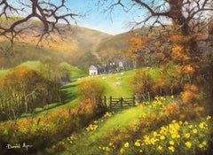 Exmoor Spring Landscape with Sheep & Daffodils, Signed British Oil Painting 
