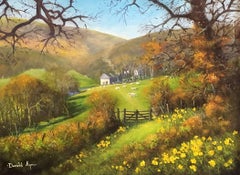 Paysage de printemps d'Exmoor avec moutons et daffodils:: peinture à l'huile britannique signée