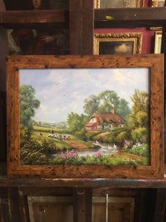 The River Cottage, Sheep & Shepherd Fine English Oil Painting
