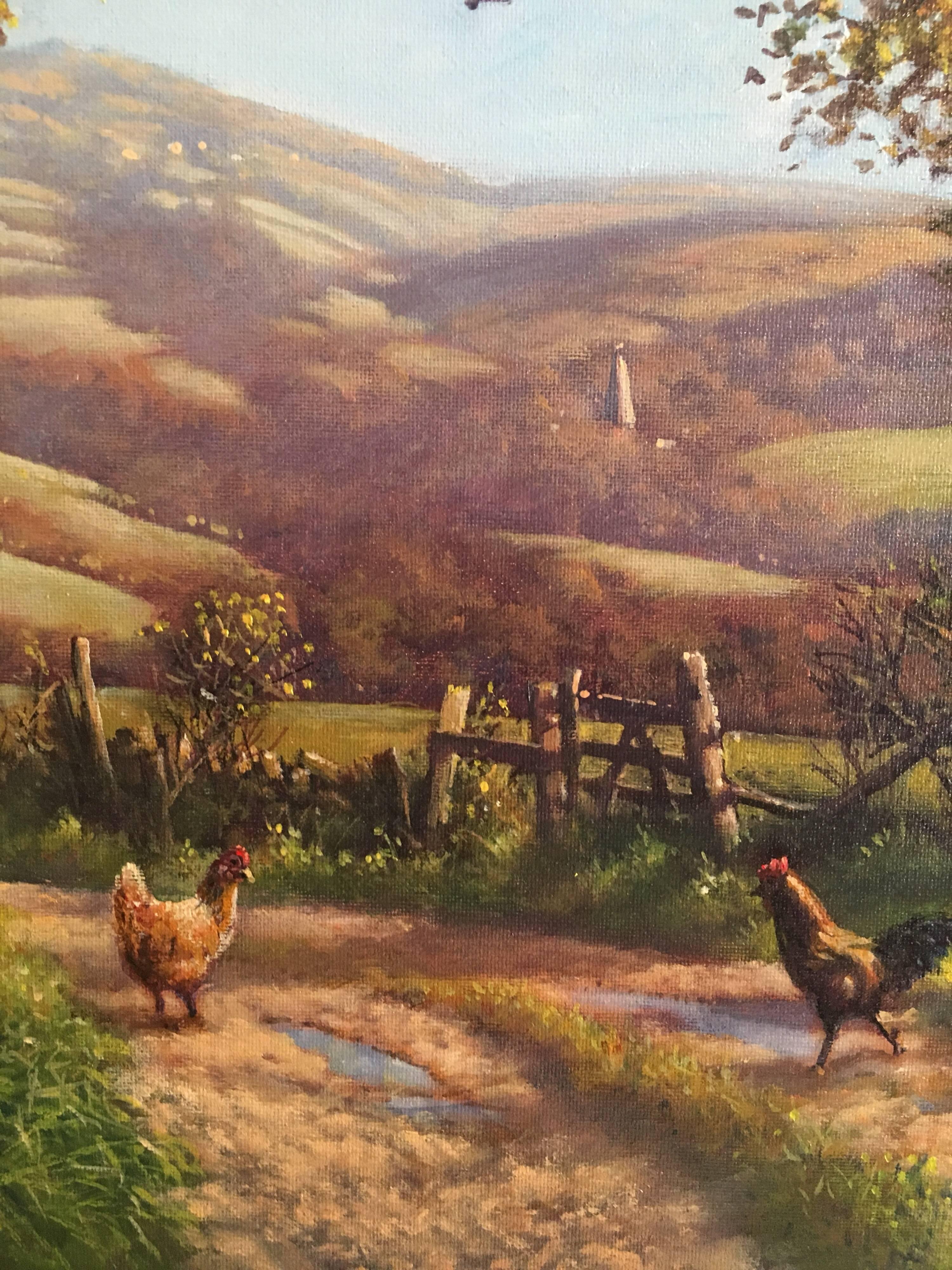 Chickens in English Country Lane, Fine British Oil, Signed - Victorian Painting by Donald Ayres
