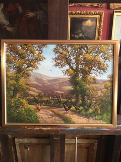 Chickens in English Country Lane, Fine British Oil, Signed