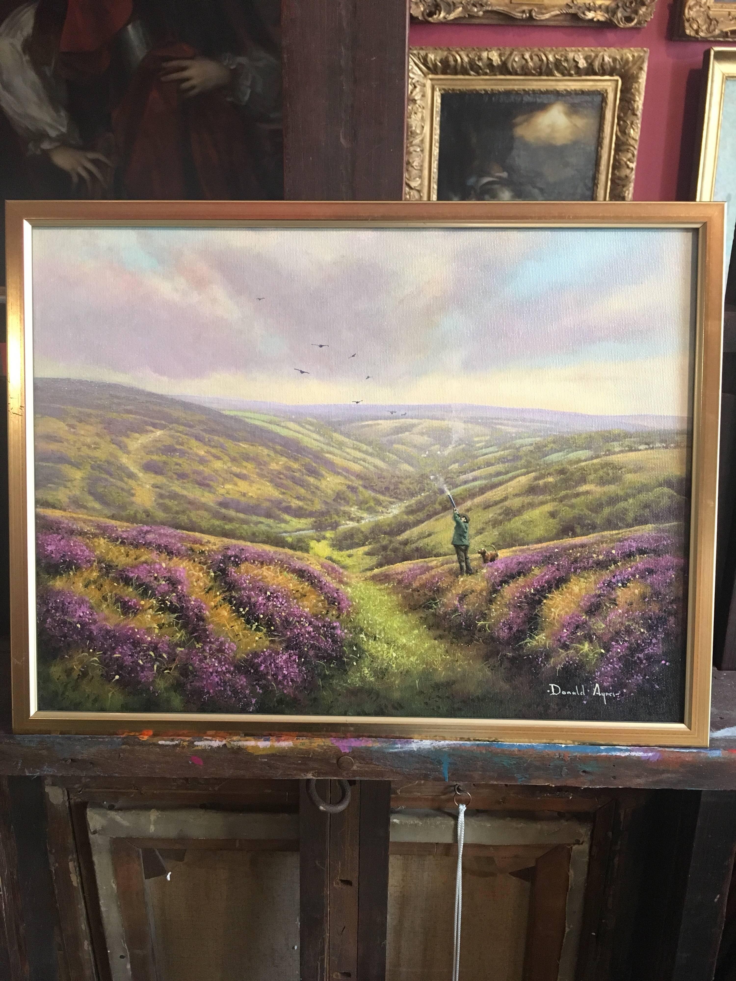 Shooting over the Yorkshire Moors, Signed Oil - Victorian Painting by Donald Ayres