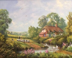 The River Cottage, Sheep & Shepherd Fine English Oil Painting