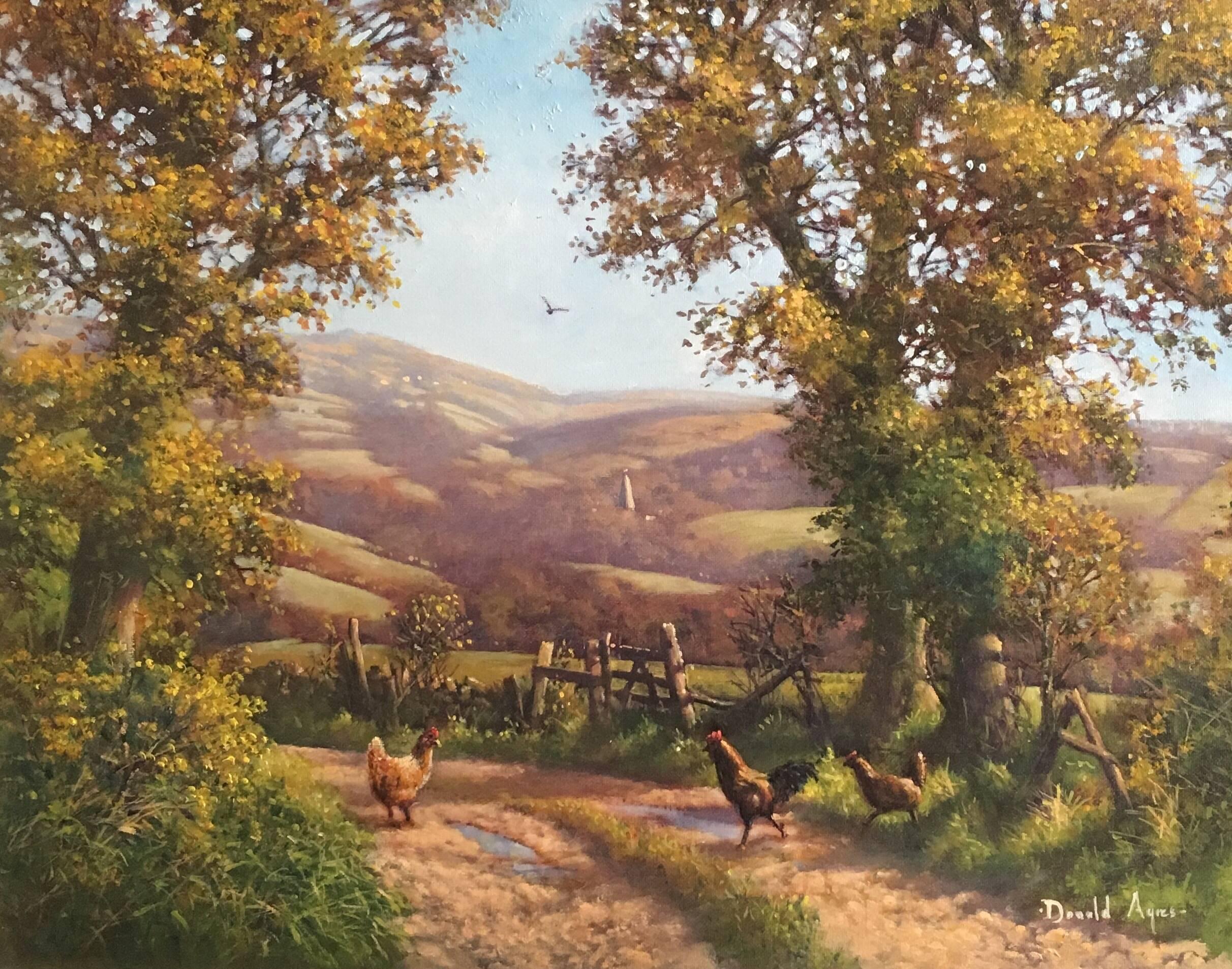 Donald Ayres Still-Life Painting - Chickens in English Country Lane, Fine British Oil, Signed