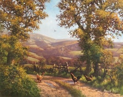 Chickens in English Country Lane, Fine British Oil, Signed