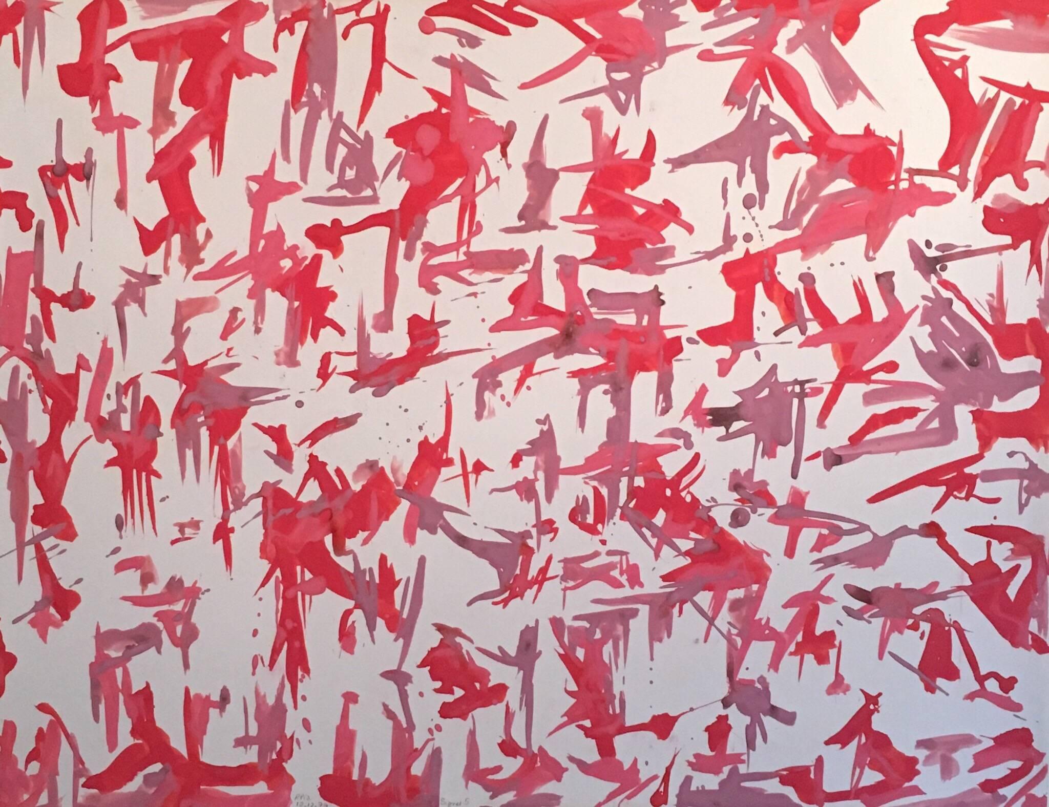 Gran Cuadro Abstracto Francés, Acuarela, Firmado, Paleta Roja y Violeta