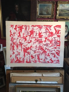 French Abstract Painting, Watercolour, Signed, Red and Purple Palette