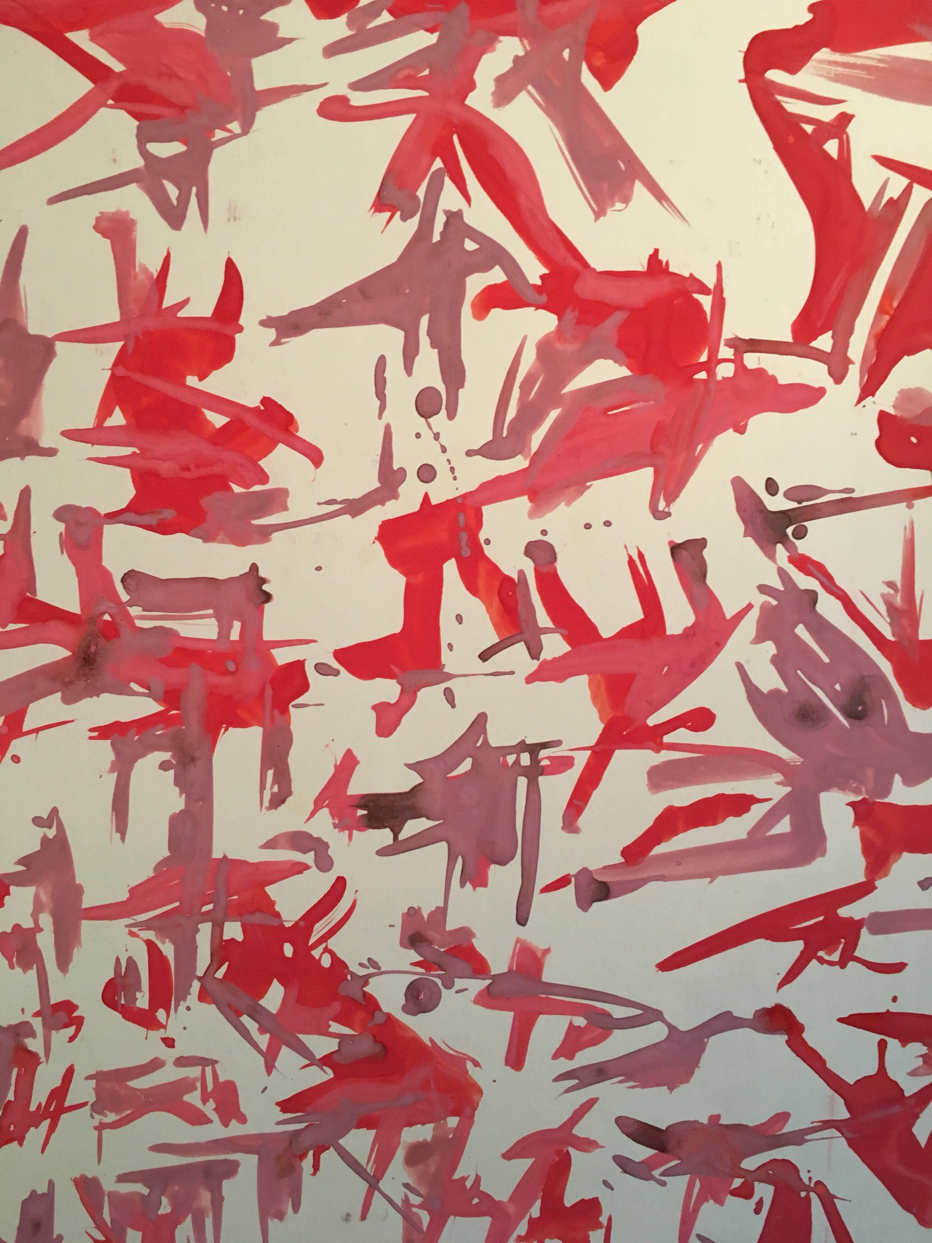 French Abstract Painting, Watercolour, Signed, Red and Purple Palette - Beige Interior Art by Raphaelle Pia