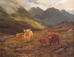 Highland Cattle in Majestic Scottish Landscape, Signed Oil