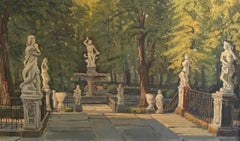 Statues in Parisian Park, Large French Oil