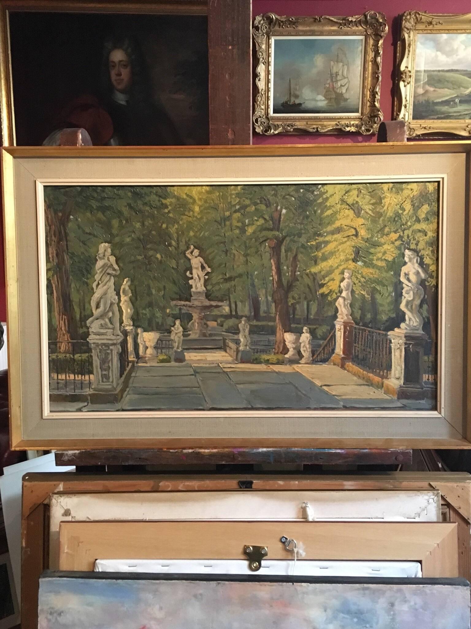 Statues dans un parc parisien, grande huile française - Painting de Unknown
