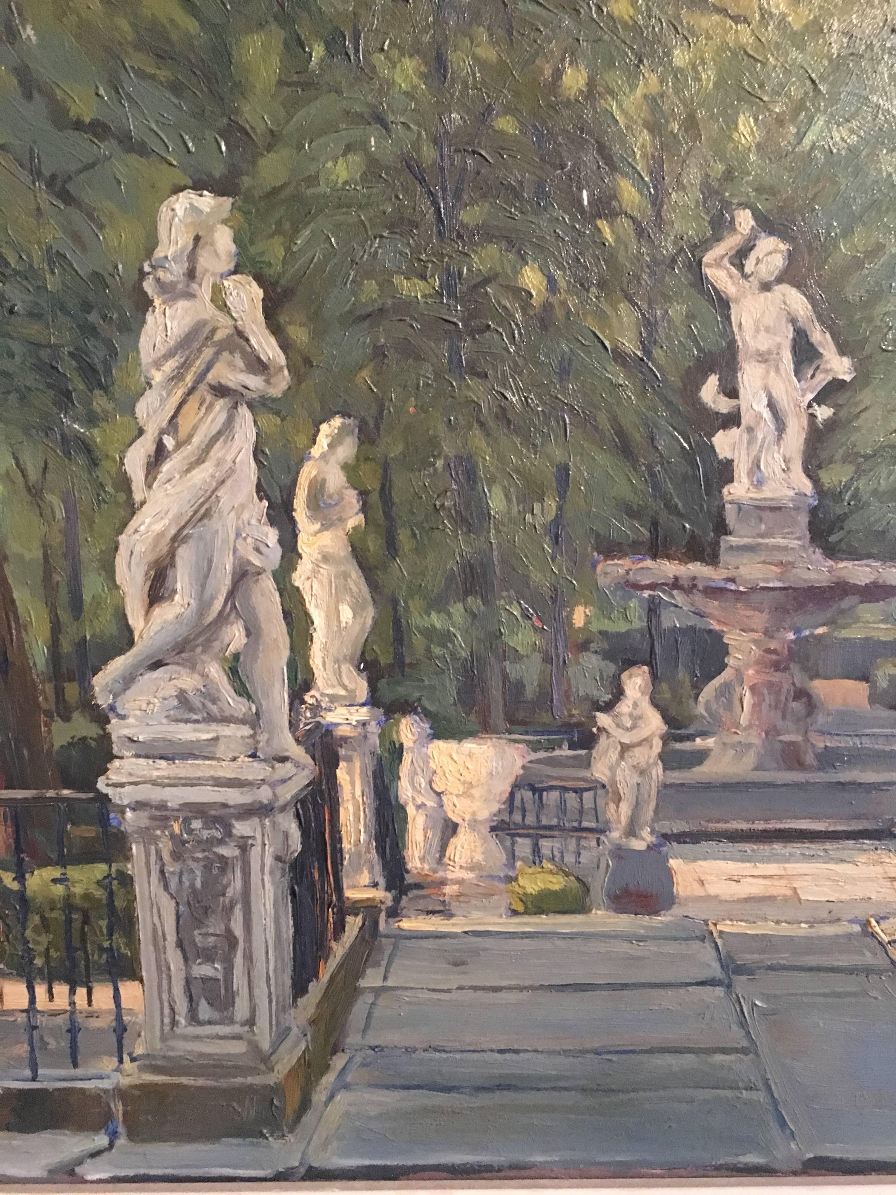 Statues dans un parc parisien, grande huile française - Impressionnisme Painting par Unknown