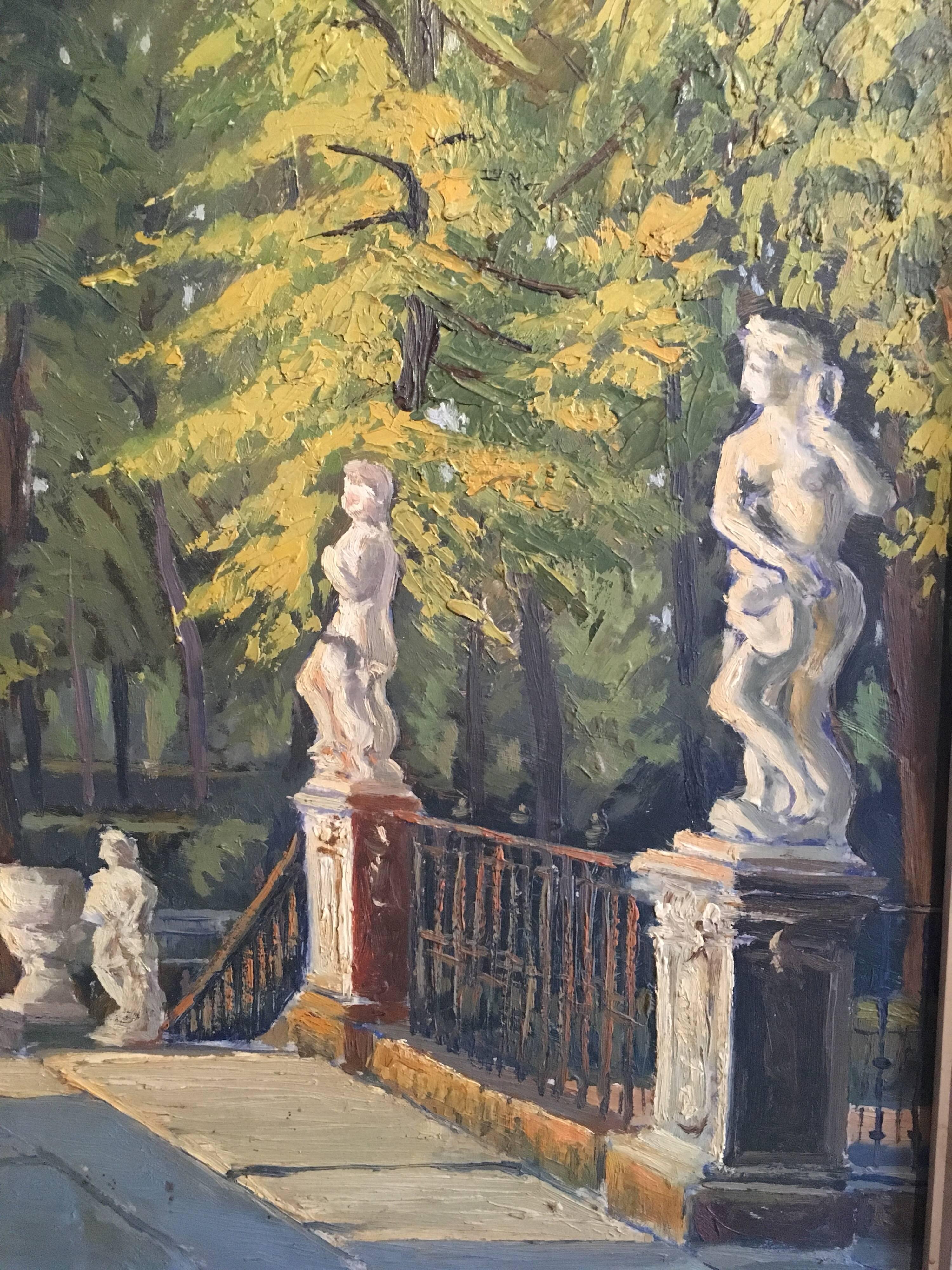Statues dans un parc parisien, grande huile française - Marron Still-Life Painting par Unknown
