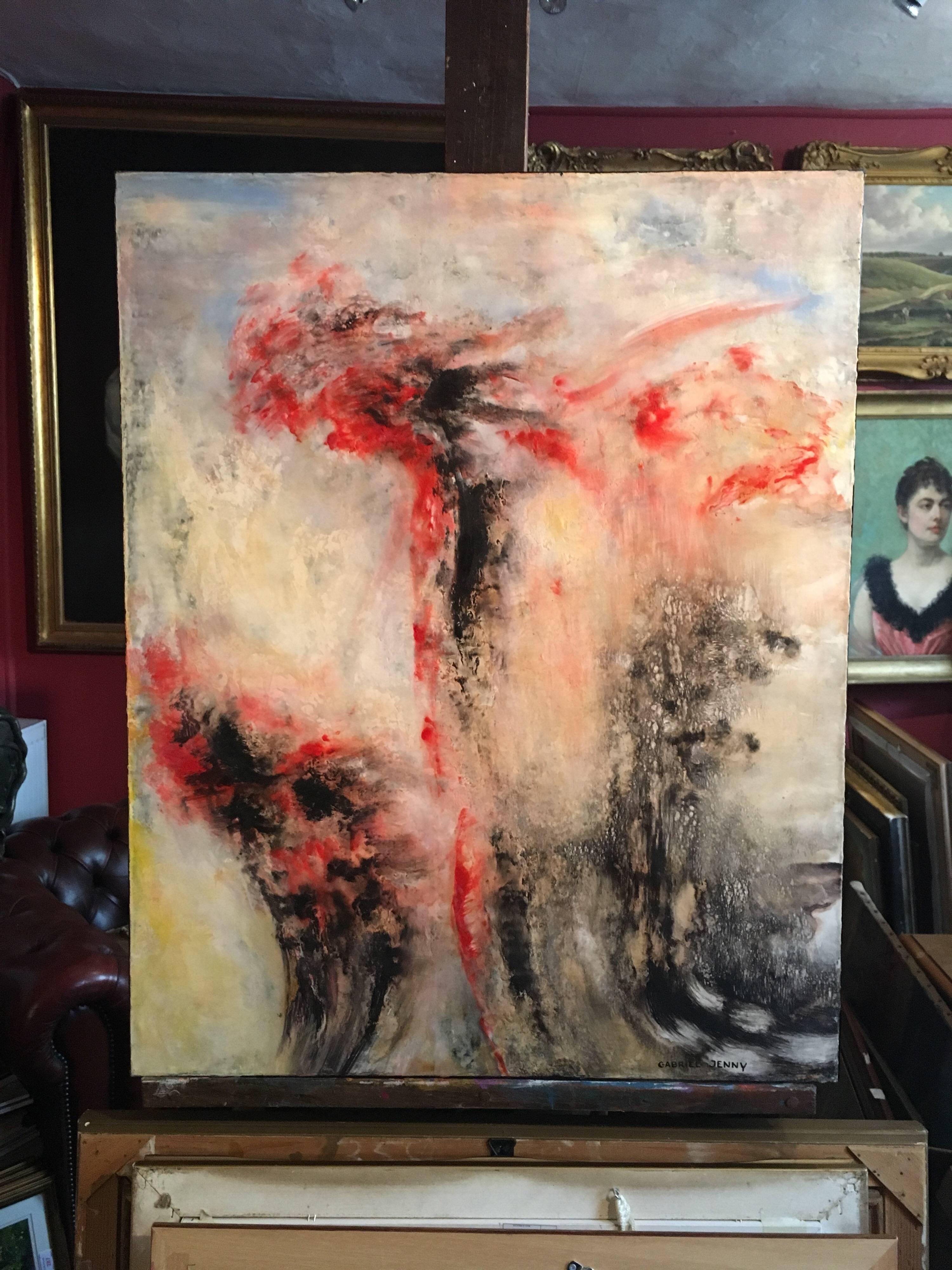 Large Abstract Oil, Red and Black, Signed - Painting by Gabriel Jenny