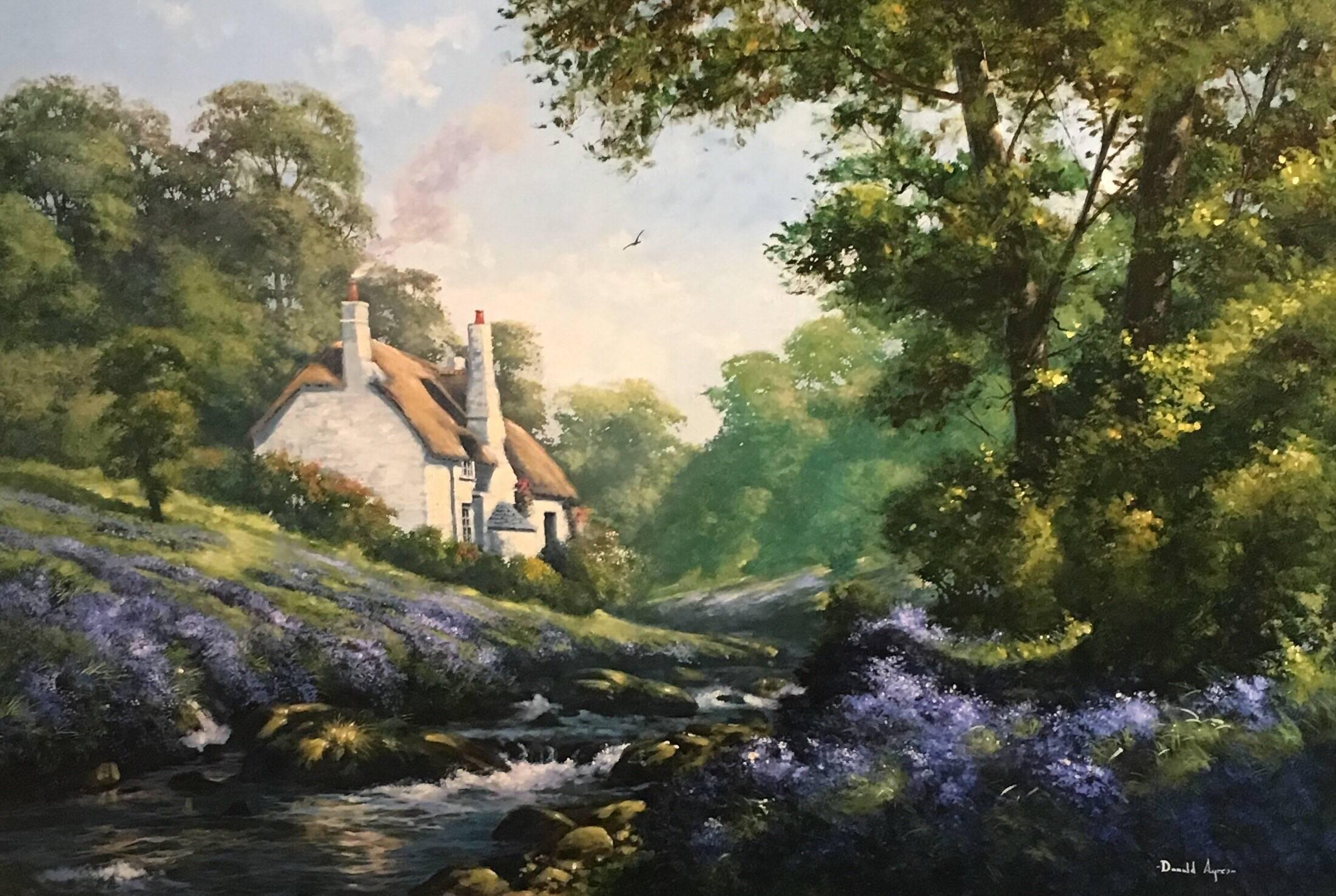 Donald Ayres Landscape Painting - Large English Oil, Bluebell Fields by a River Cottage in Exmoor