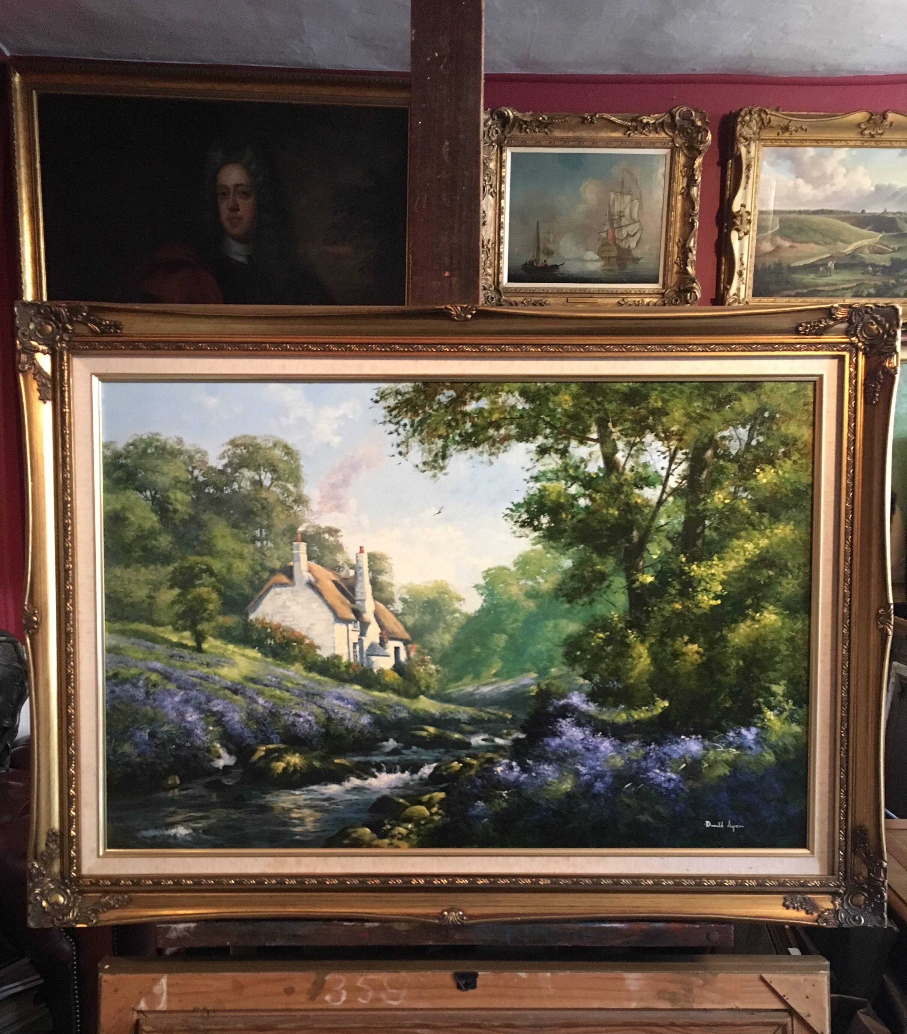 Large English Oil, Bluebell Fields by a River Cottage in Exmoor - Painting by Donald Ayres