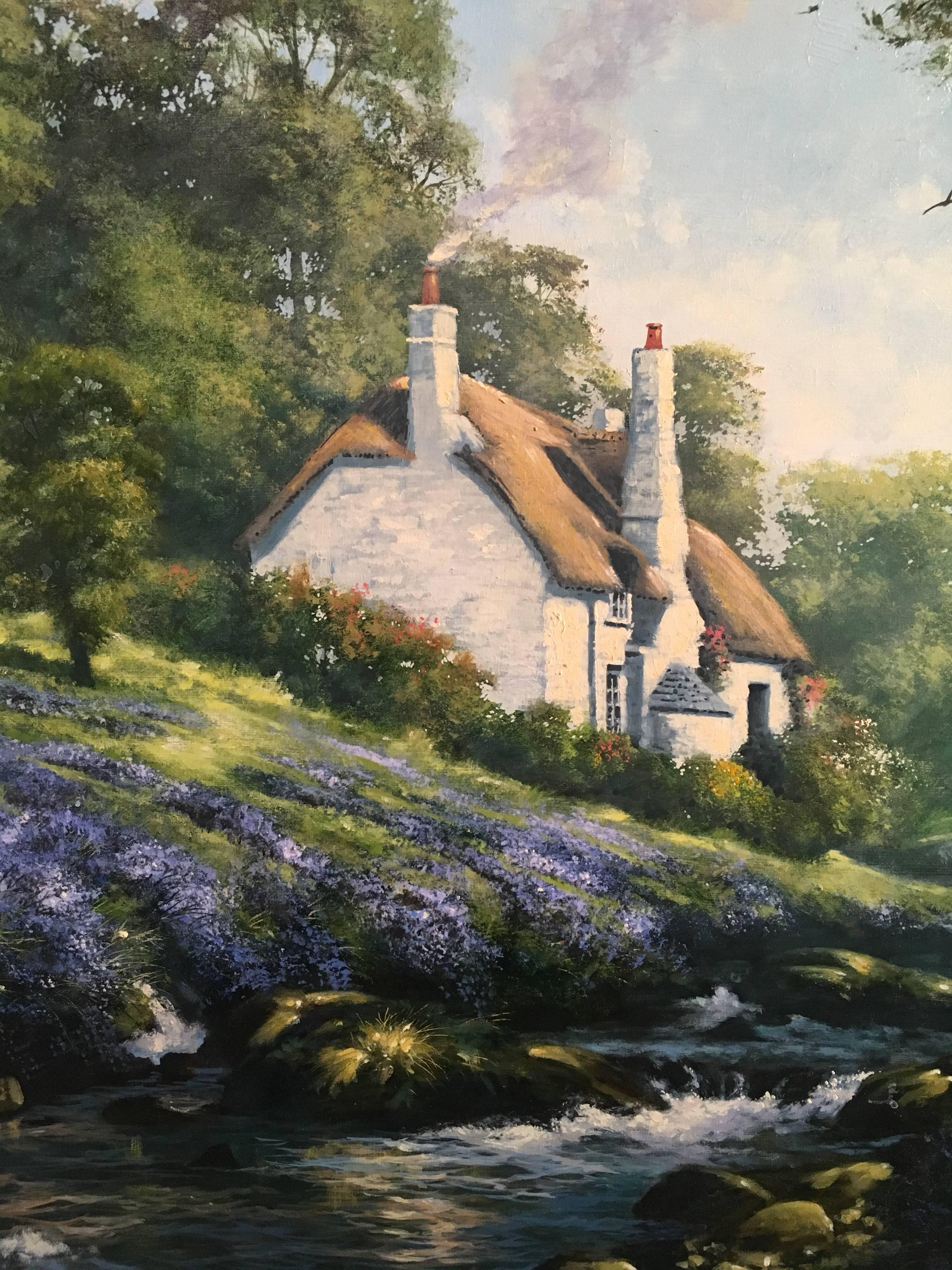 Large English Oil, Bluebell Fields by a River Cottage in Exmoor - Victorian Painting by Donald Ayres