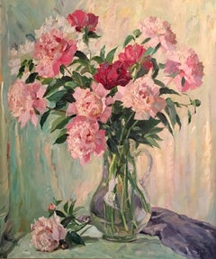 Very Large 1960’s Still Life of Peonies in a Glass Vase, Signed.