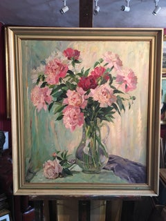 Very Large 1960’s Still Life of Peonies in a Glass Vase, Signed.