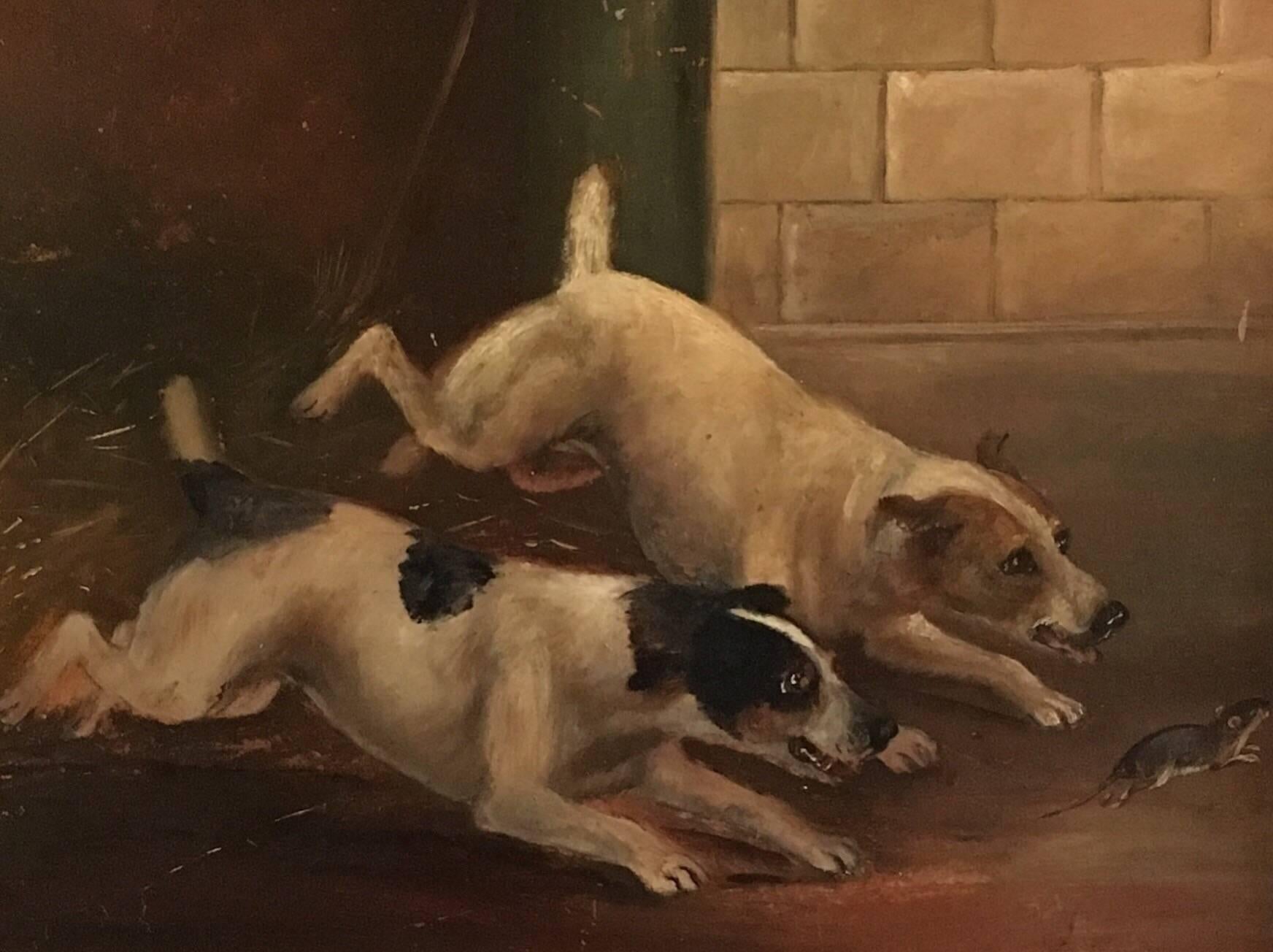 Unknown Interior Painting - Chasing the Rat, Antique English Oil Painting 