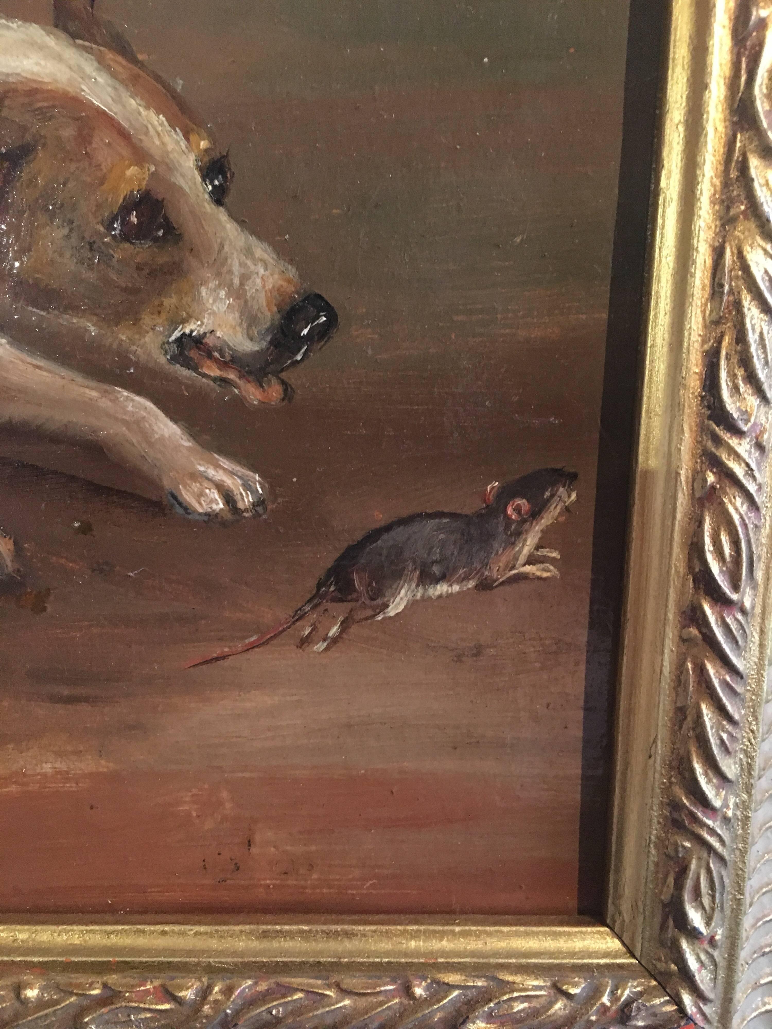 Chasing the Rat, Antique English Oil Painting  - Brown Interior Painting by Unknown